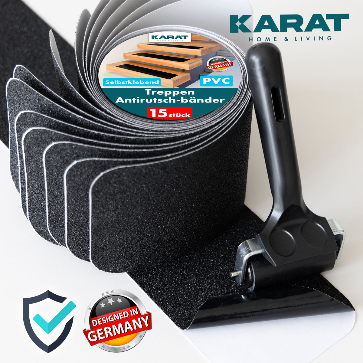 Skridsikre lister til trapper | Nicu | Ru overflade | Selvklæbende | Sæt med 15 inkl. monteringsrulle | Sort | 10 x 61 cm