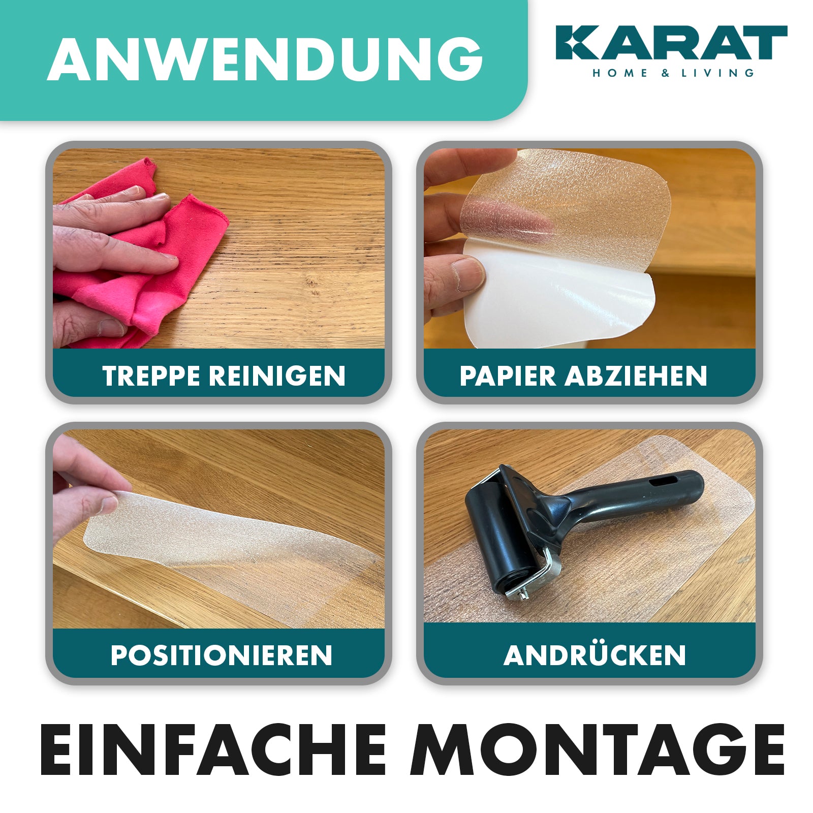 Skridsikre lister til trapper | Henri | Tekstureret overflade | Selvklæbende | Sæt med 15 inkl. monteringsrulle | Transparent | 10 x 60 cm