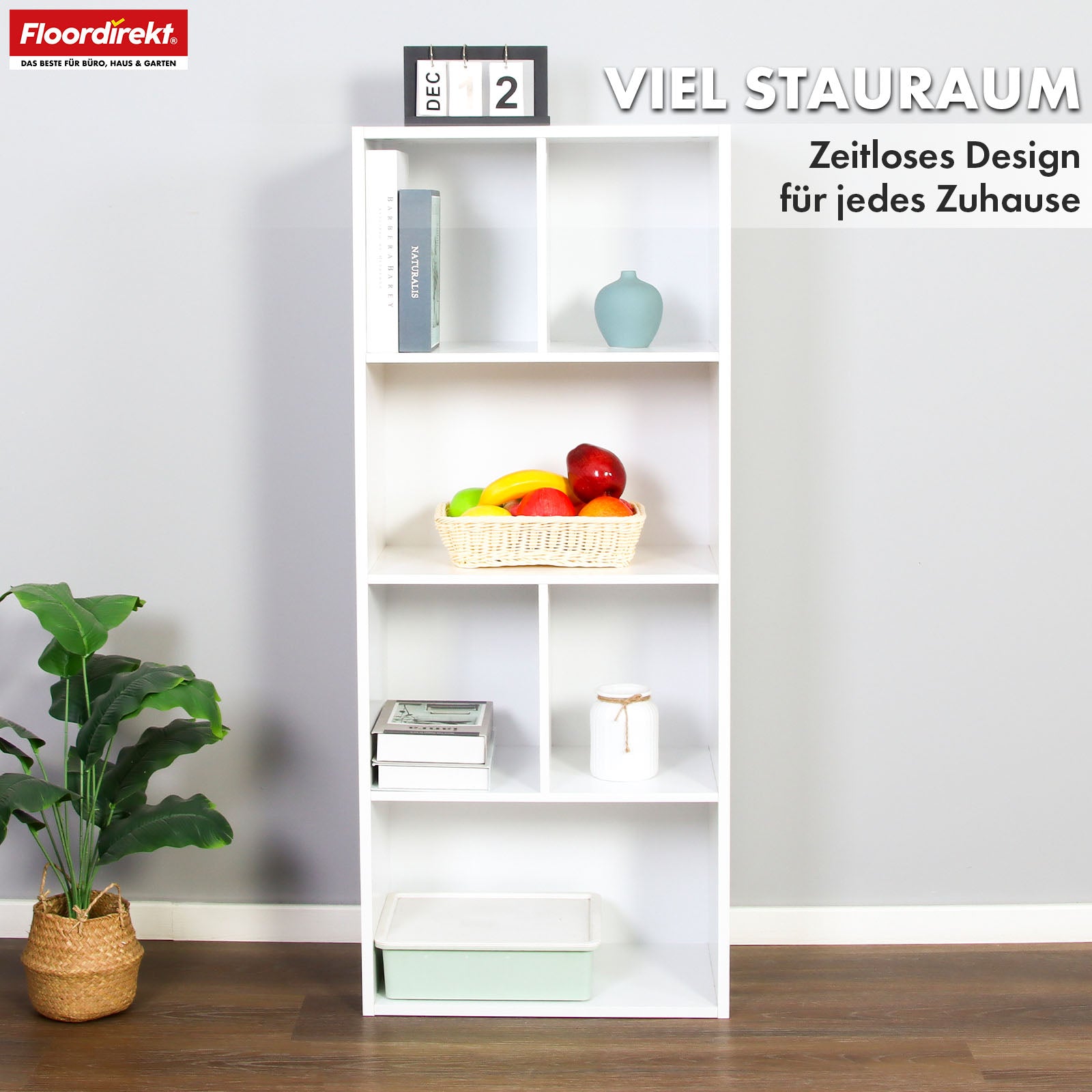 Bogreol | California | Moderne, pladsbesparende MDF-hylde med vippebeskyttelse i hvid 4-8 åbne rum