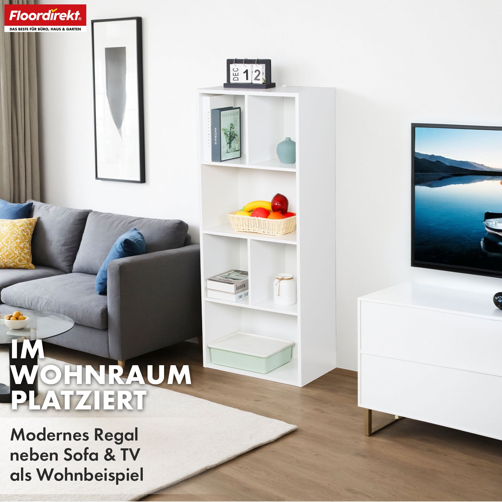 Bogreol | California | Moderne, pladsbesparende MDF-hylde med vippebeskyttelse i hvid 4-8 åbne rum