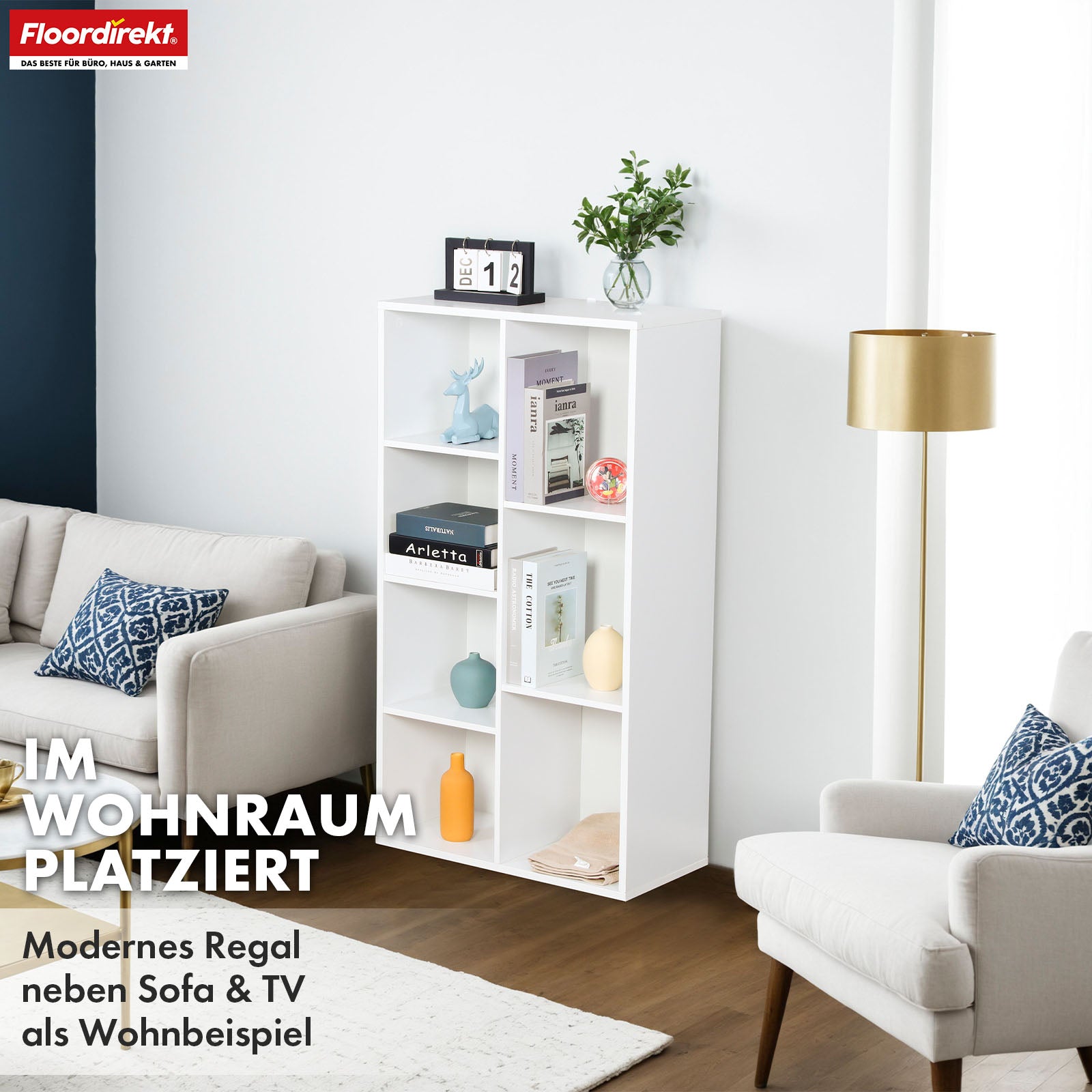 Bogreol | California | Moderne, pladsbesparende MDF-hylde med vippebeskyttelse i hvid 4-8 åbne rum