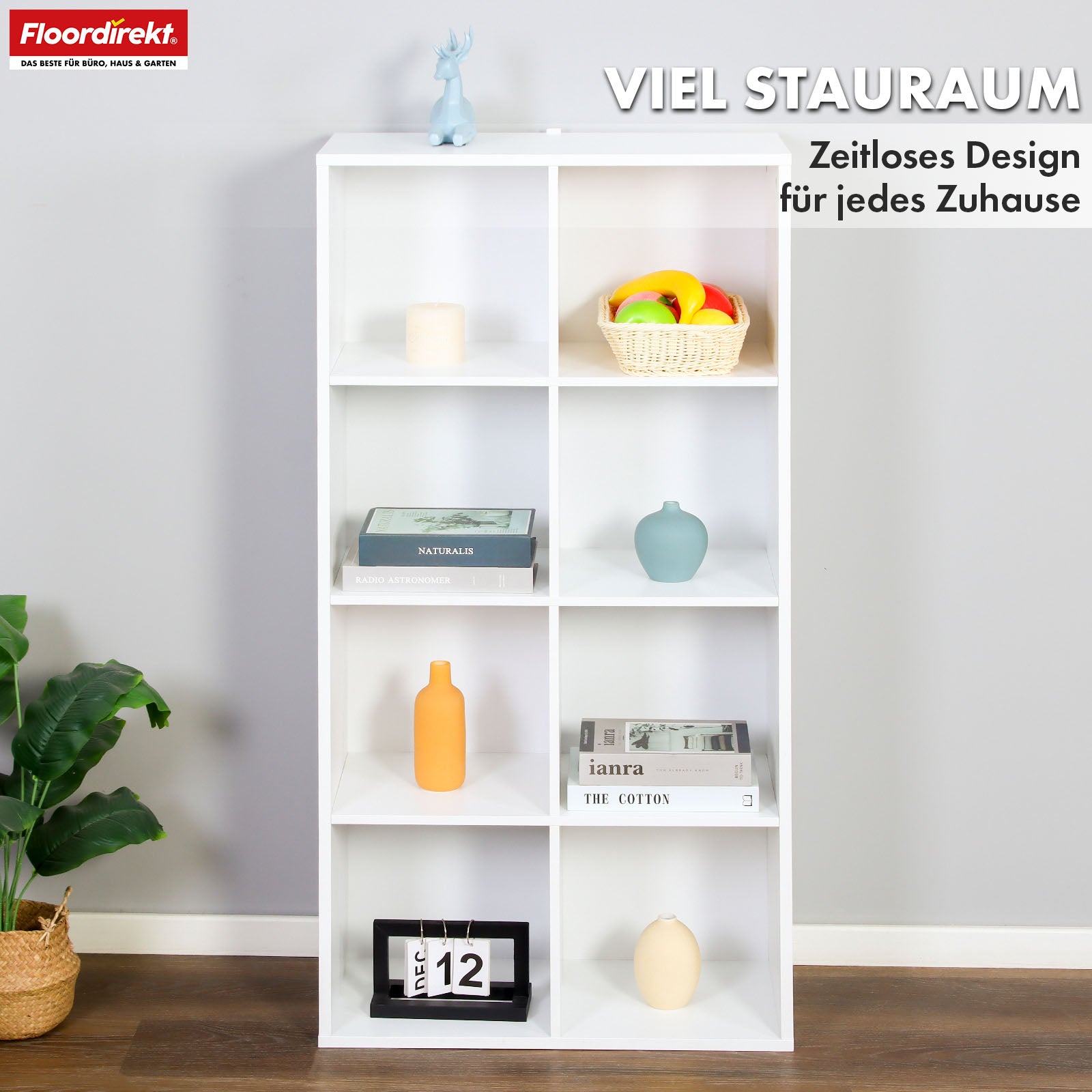 Bogreol | California | Moderne, pladsbesparende MDF-hylde med vippebeskyttelse i hvid 4-8 åbne rum