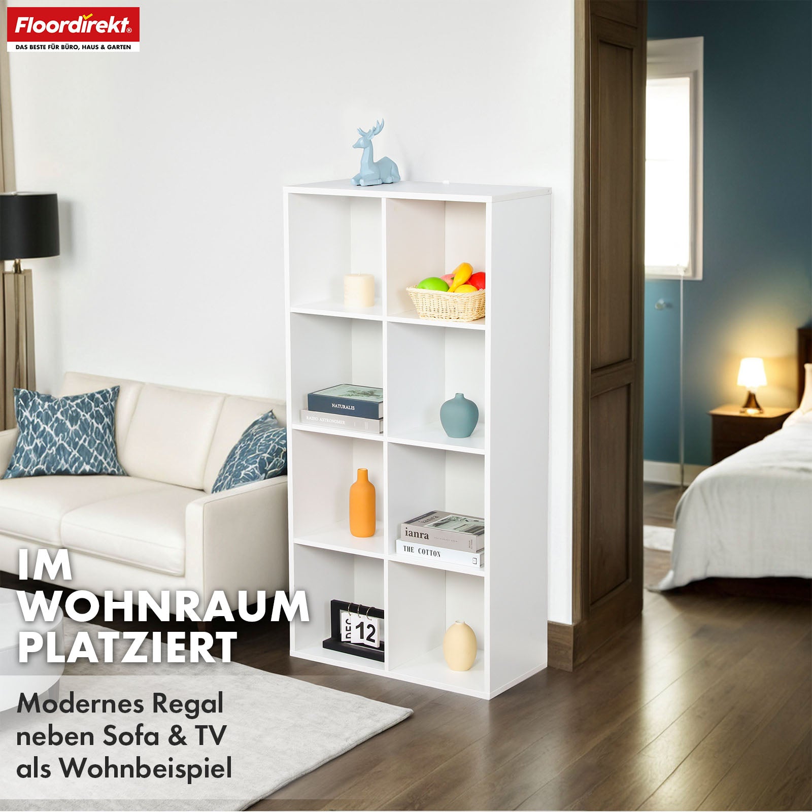 Bogreol | California | Moderne, pladsbesparende MDF-hylde med vippebeskyttelse i hvid 4-8 åbne rum