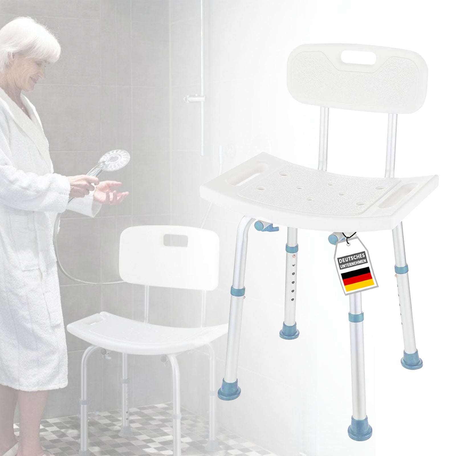 Badetaburet | Jonah | Højdejusterbar med ryglæn | Ergonomisk badestol til bad og brusebad, skridsikker og stabil, bærende op til 137 kg