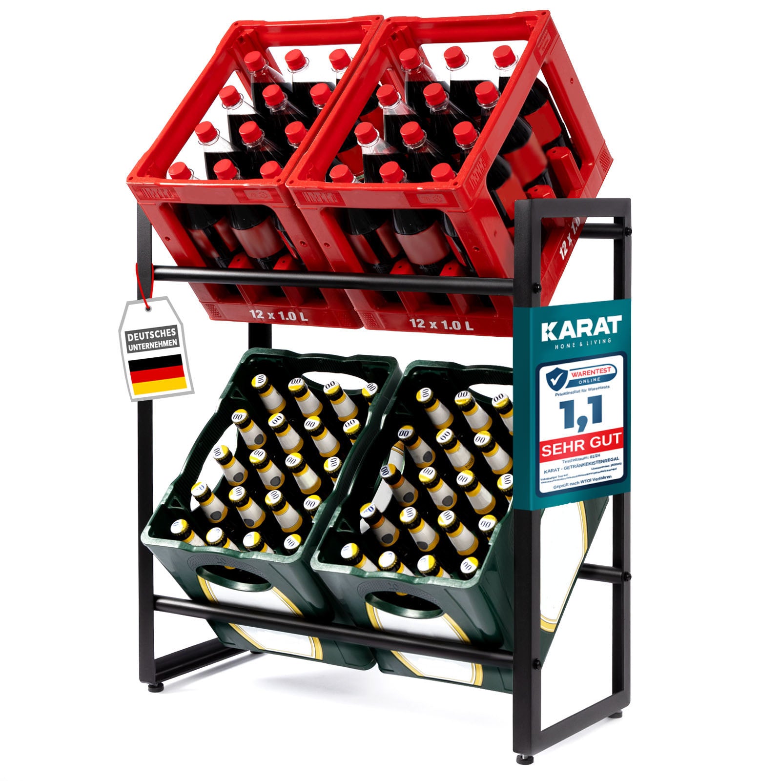 Bottle Crate Stand Kenji | Robust opbevaringshylde til kontoret, køkkenet, garagen eller entreen | Sort | Fås i 2 størrelser