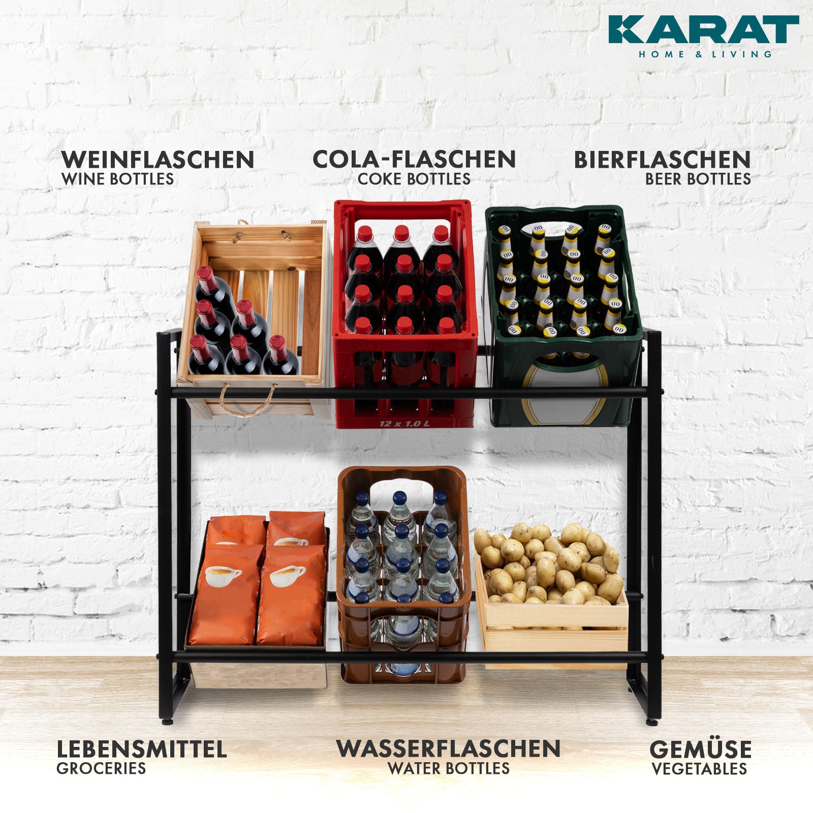 Bottle Crate Stand Kenji | Robust opbevaringshylde til kontoret, køkkenet, garagen eller entreen | Sort | Fås i 2 størrelser