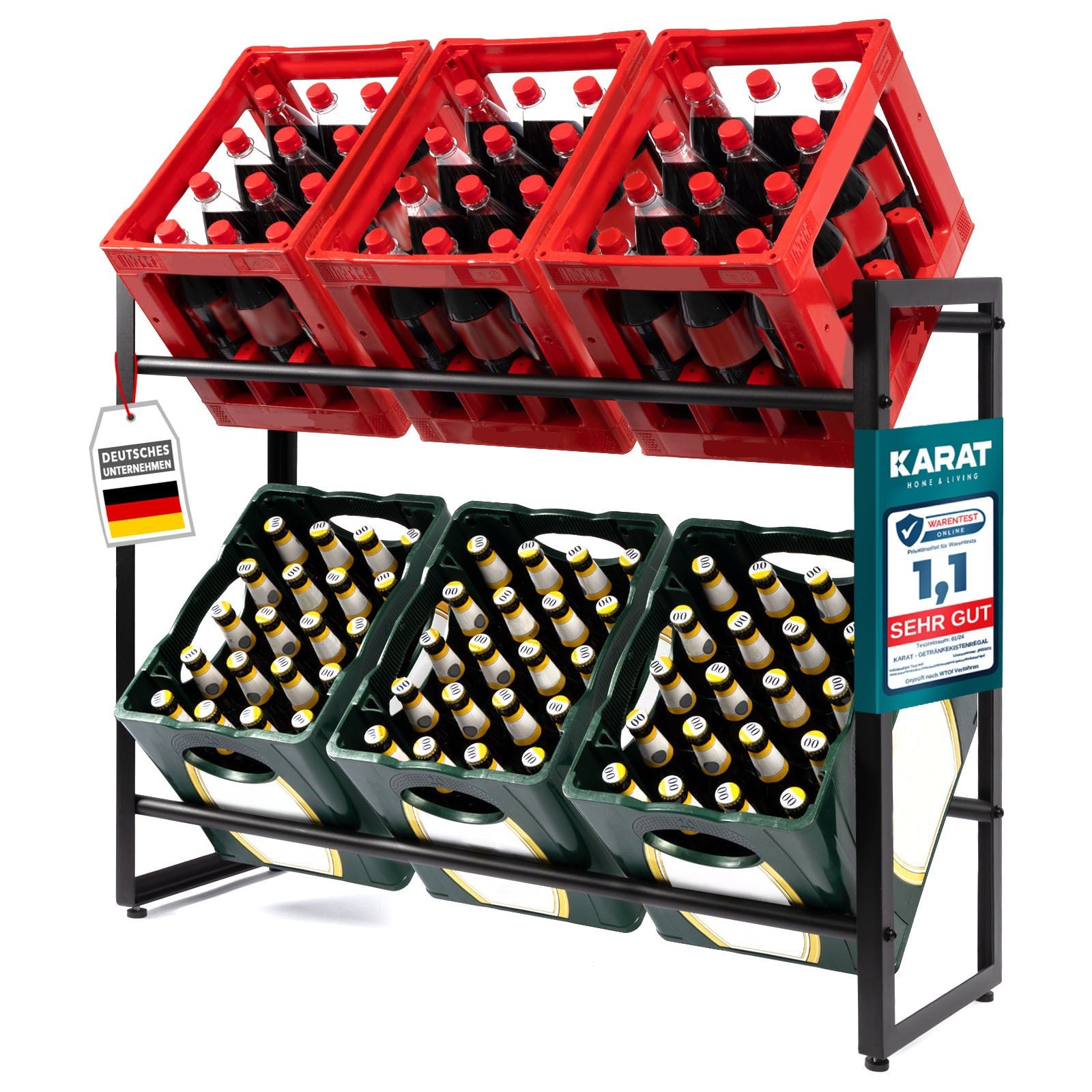 Bottle Crate Stand Kenji | Robust opbevaringshylde til kontoret, køkkenet, garagen eller entreen | Sort | Fås i 2 størrelser