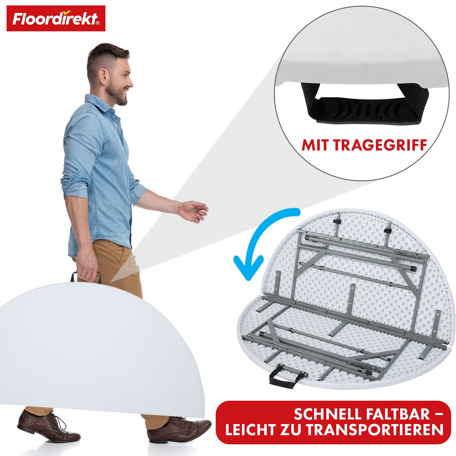 Klapbord | Shiga | Rundt hvidt havebord | Sammenklappeligt med bærehåndtag | 120 cm i diameter