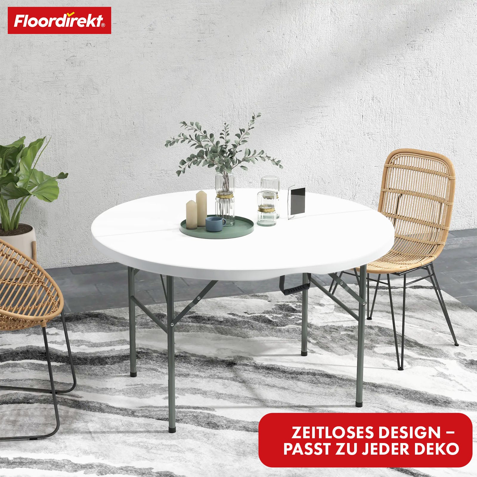 Klapbord | Shiga | Rundt hvidt havebord | Sammenklappeligt med bærehåndtag | 120 cm i diameter