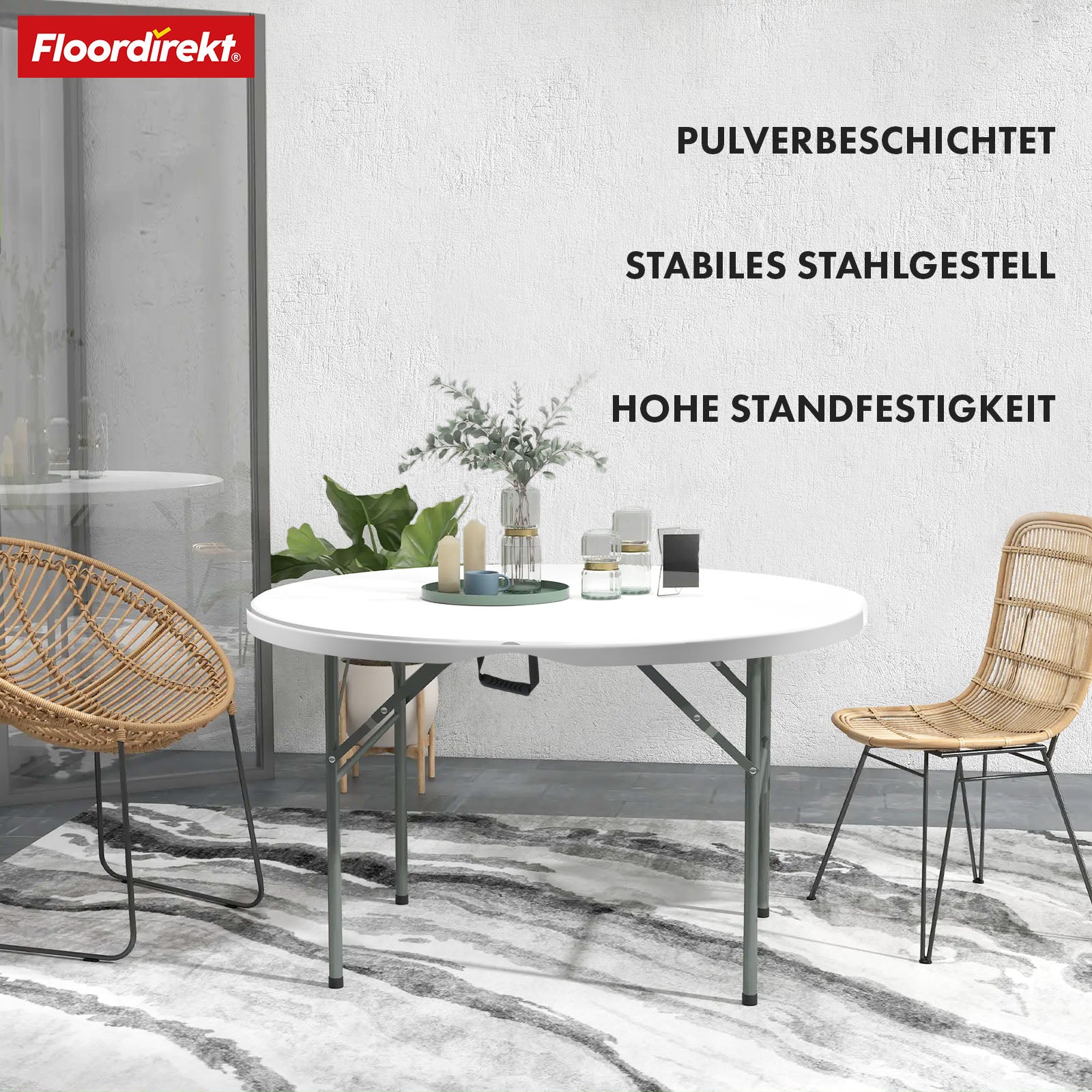 Klapbord | Shiga | Rundt hvidt havebord | Sammenklappeligt med bærehåndtag | 120 cm i diameter