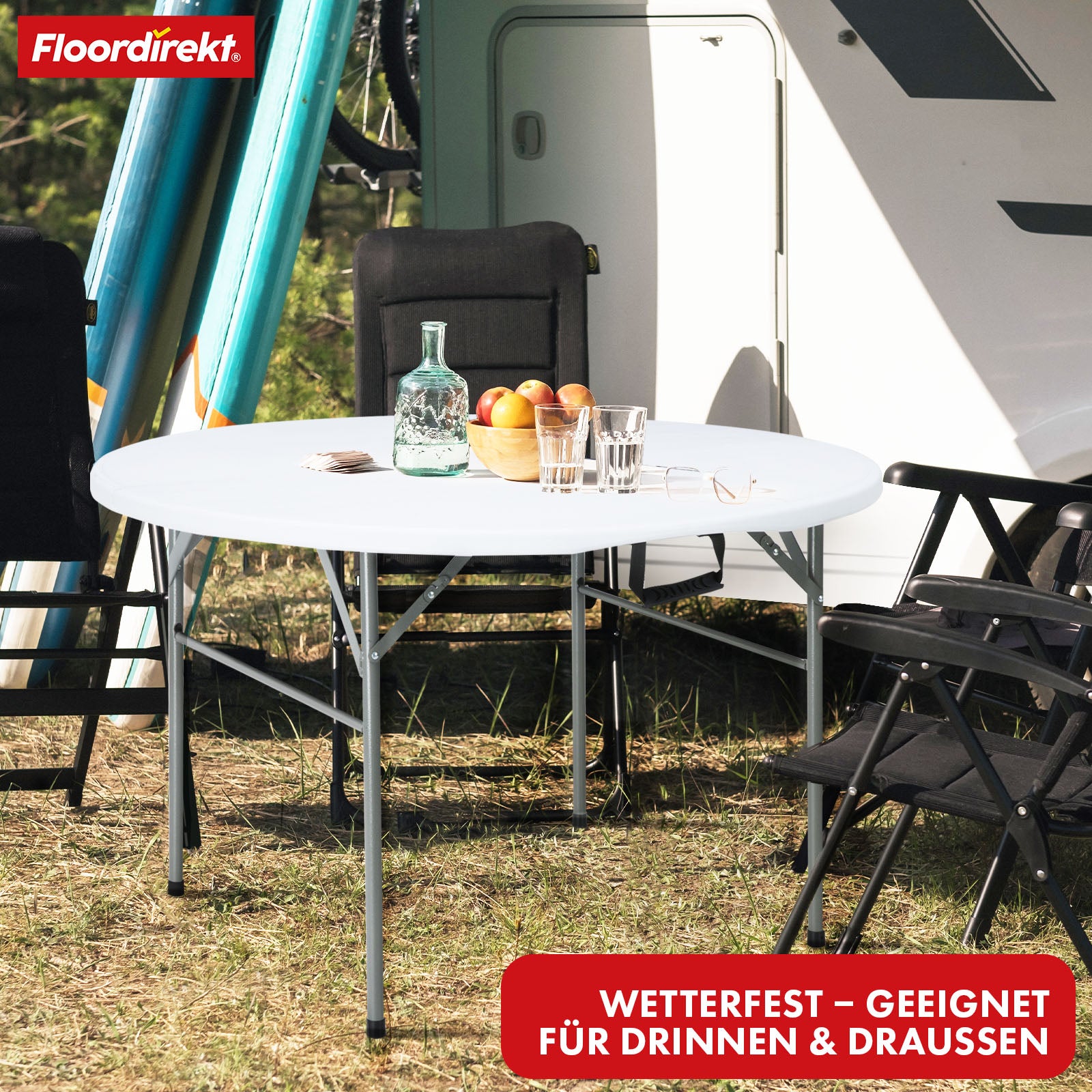 Klapbord | Shiga | Rundt hvidt havebord | Sammenklappeligt med bærehåndtag | 120 cm i diameter