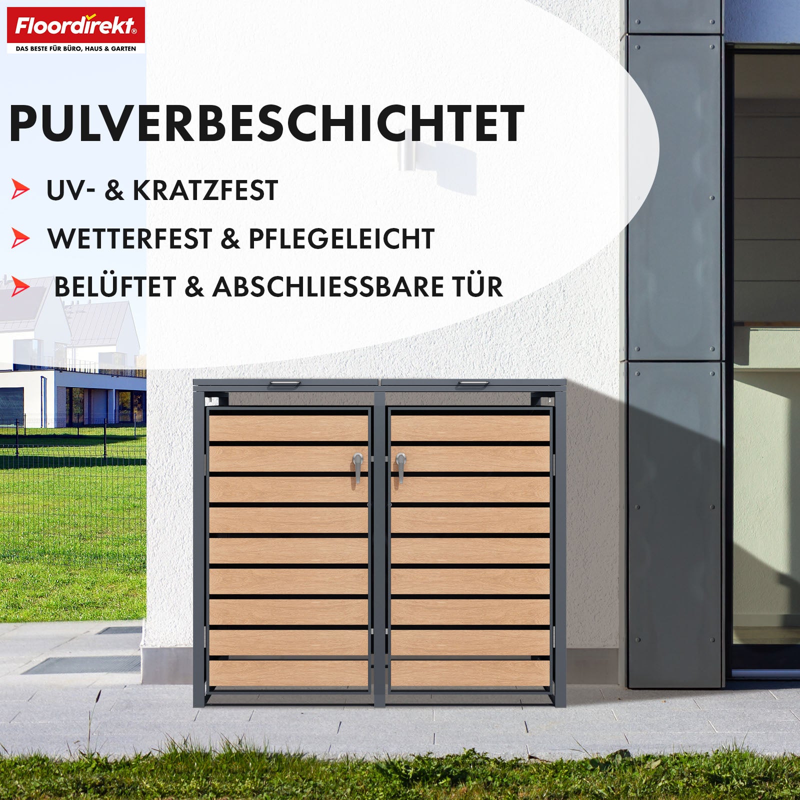 Mülltonnenbox | Johan | Anthrazitfarbene Mülltonnenverkleidung mit Holzdekor und robustem Edelstahlrahmen | 1–3 Türen | Mülltonnenaufbewahrung für 60–240 L