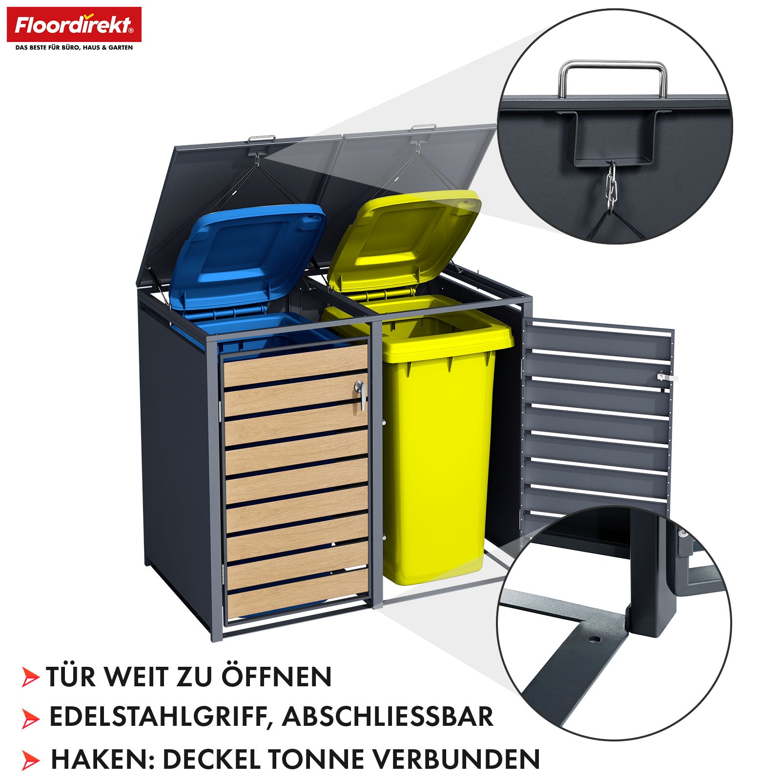 Mülltonnenbox | Johan | Anthrazitfarbene Mülltonnenverkleidung mit Holzdekor und robustem Edelstahlrahmen | 1–3 Türen | Mülltonnenaufbewahrung für 60–240 L