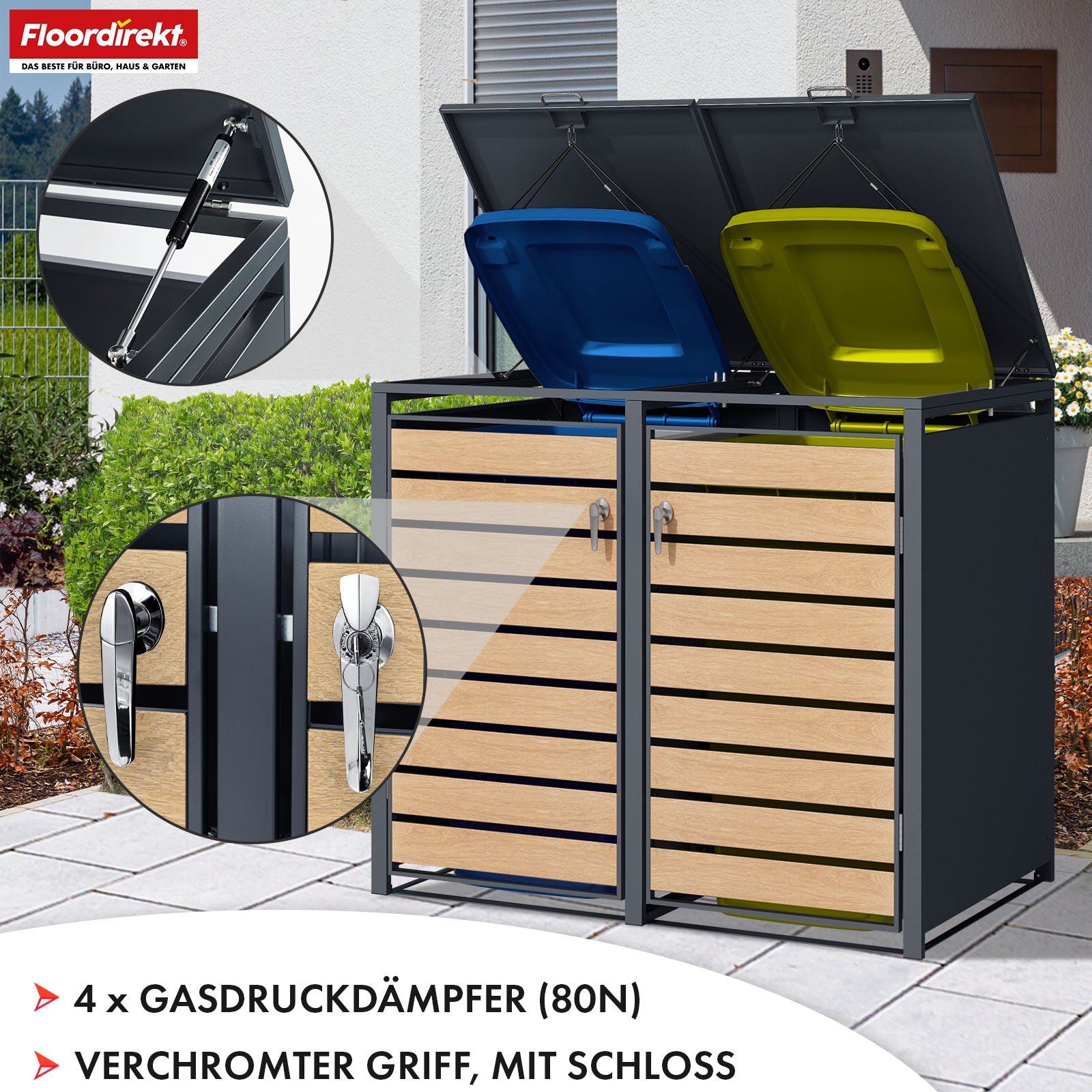 Mülltonnenbox | Johan | Anthrazitfarbene Mülltonnenverkleidung mit Holzdekor und robustem Edelstahlrahmen | 1–3 Türen | Mülltonnenaufbewahrung für 60–240 L