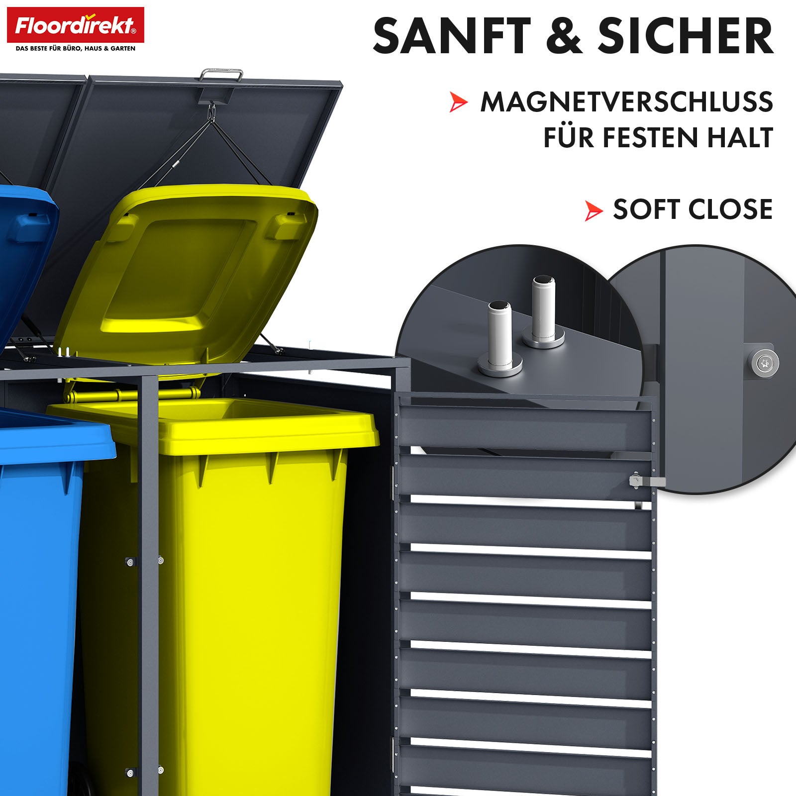 Mülltonnenbox | Johan | Anthrazitfarbene Mülltonnenverkleidung mit Holzdekor und robustem Edelstahlrahmen | 1–3 Türen | Mülltonnenaufbewahrung für 60–240 L