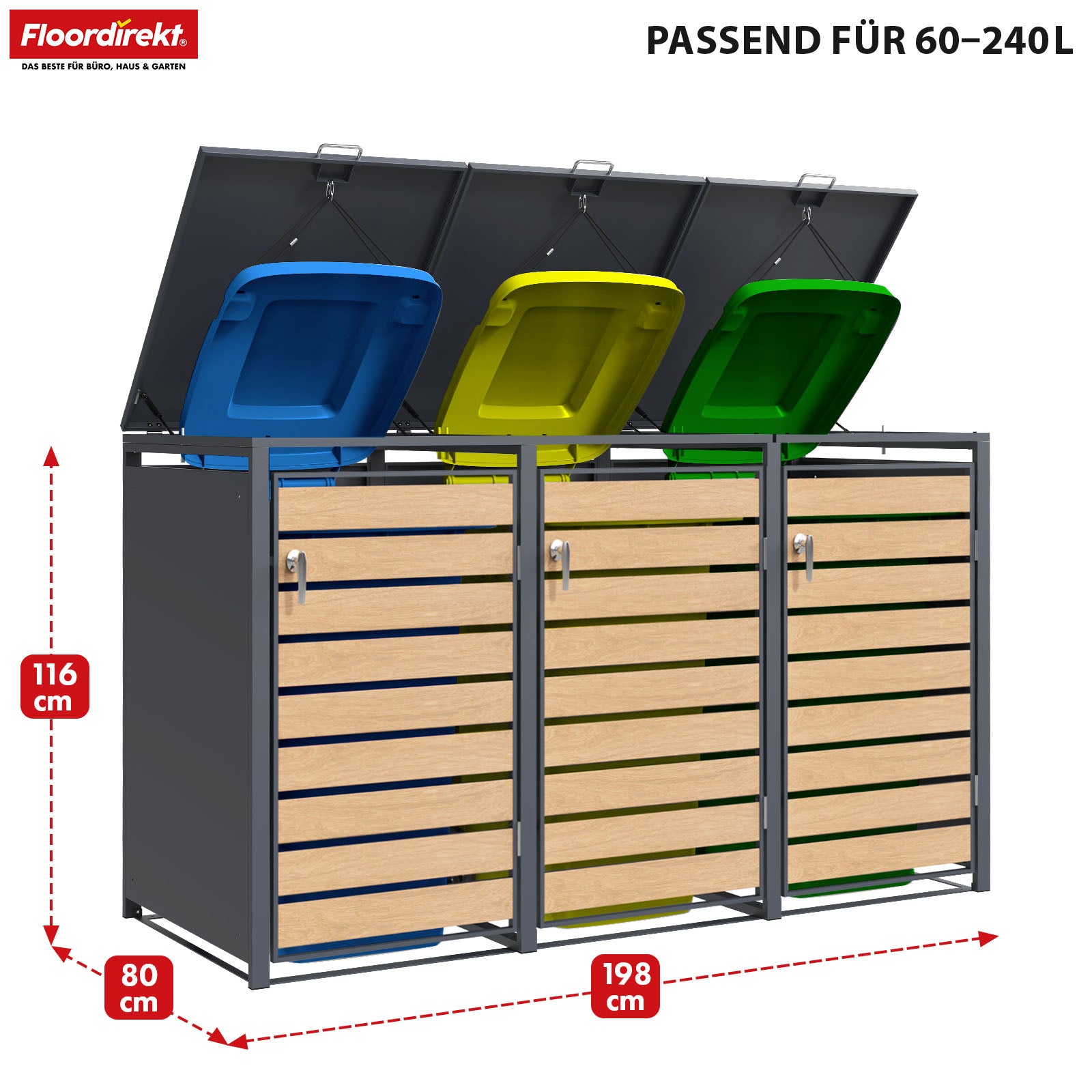 Mülltonnenbox | Johan | Anthrazitfarbene Mülltonnenverkleidung mit Holzdekor und robustem Edelstahlrahmen | 1–3 Türen | Mülltonnenaufbewahrung für 60–240 L