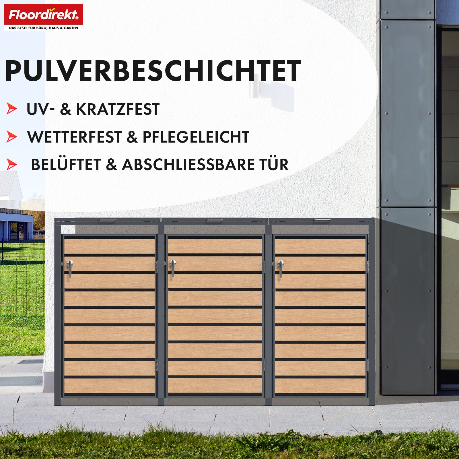 Mülltonnenbox | Johan | Anthrazitfarbene Mülltonnenverkleidung mit Holzdekor und robustem Edelstahlrahmen | 1–3 Türen | Mülltonnenaufbewahrung für 60–240 L