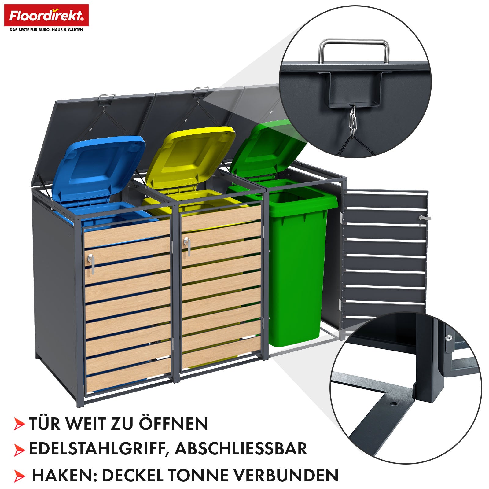 Mülltonnenbox | Johan | Anthrazitfarbene Mülltonnenverkleidung mit Holzdekor und robustem Edelstahlrahmen | 1–3 Türen | Mülltonnenaufbewahrung für 60–240 L