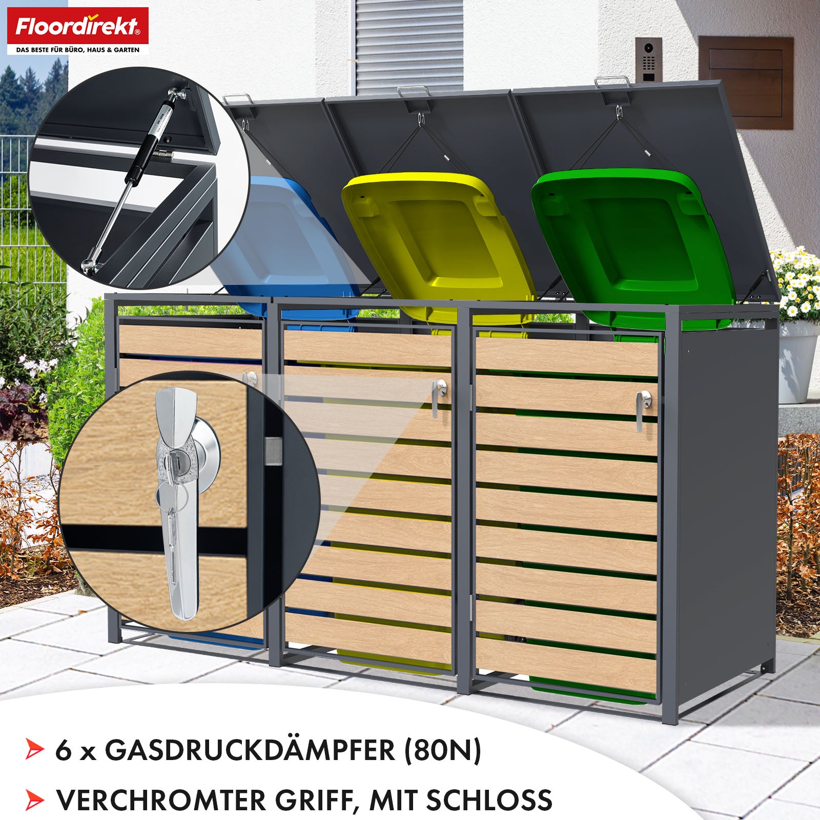 Mülltonnenbox | Johan | Anthrazitfarbene Mülltonnenverkleidung mit Holzdekor und robustem Edelstahlrahmen | 1–3 Türen | Mülltonnenaufbewahrung für 60–240 L