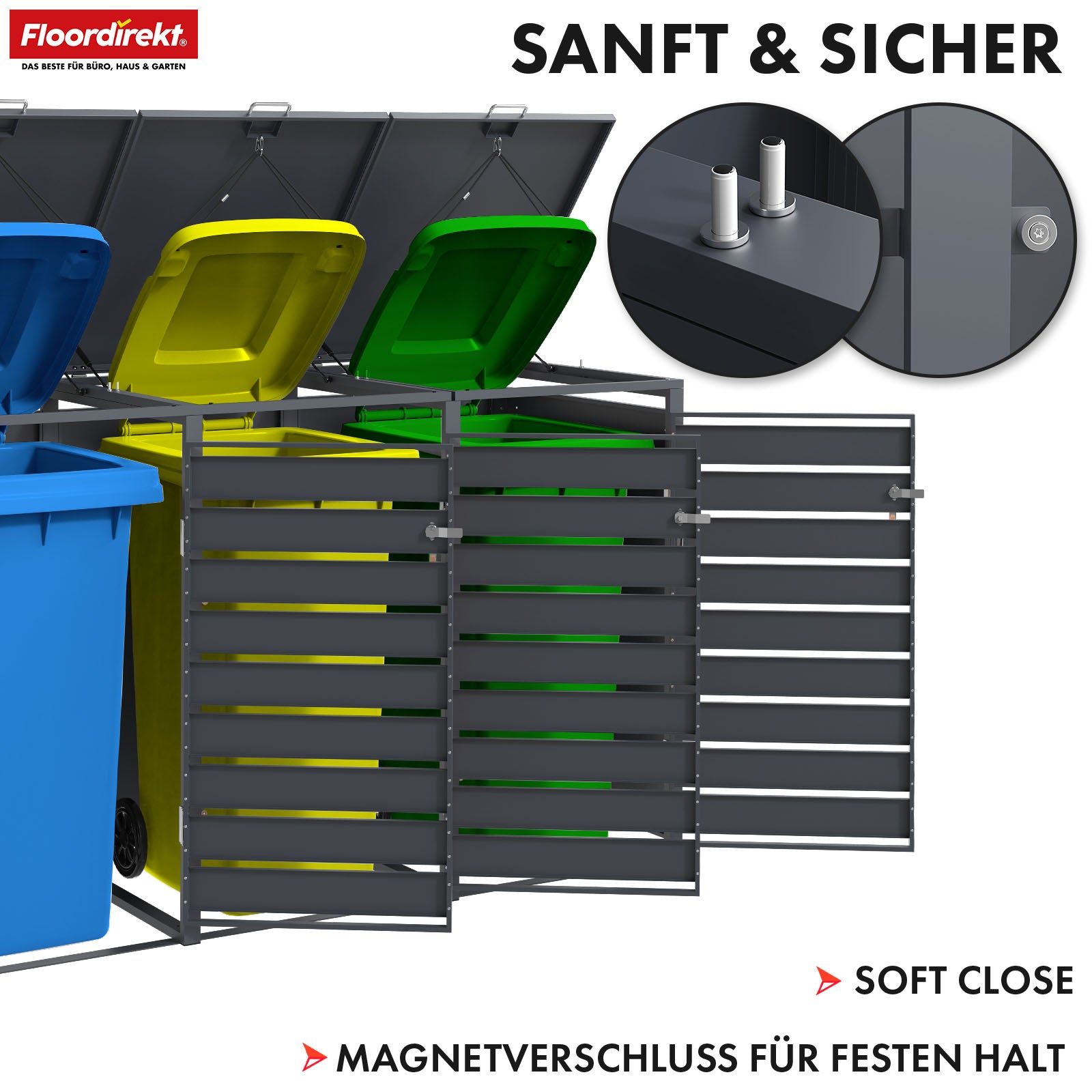 Mülltonnenbox | Johan | Anthrazitfarbene Mülltonnenverkleidung mit Holzdekor und robustem Edelstahlrahmen | 1–3 Türen | Mülltonnenaufbewahrung für 60–240 L