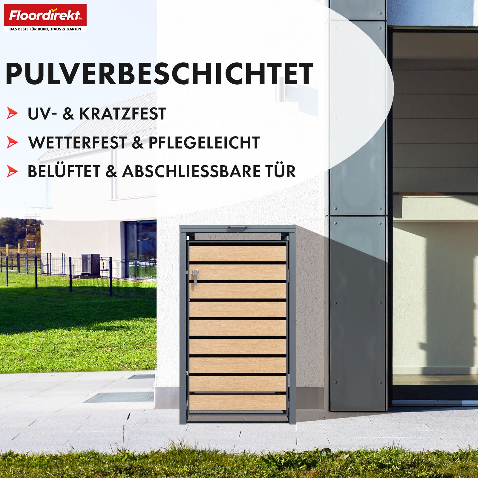 Mülltonnenbox | Johan | Anthrazitfarbene Mülltonnenverkleidung mit Holzdekor und robustem Edelstahlrahmen | 1–3 Türen | Mülltonnenaufbewahrung für 60–240 L