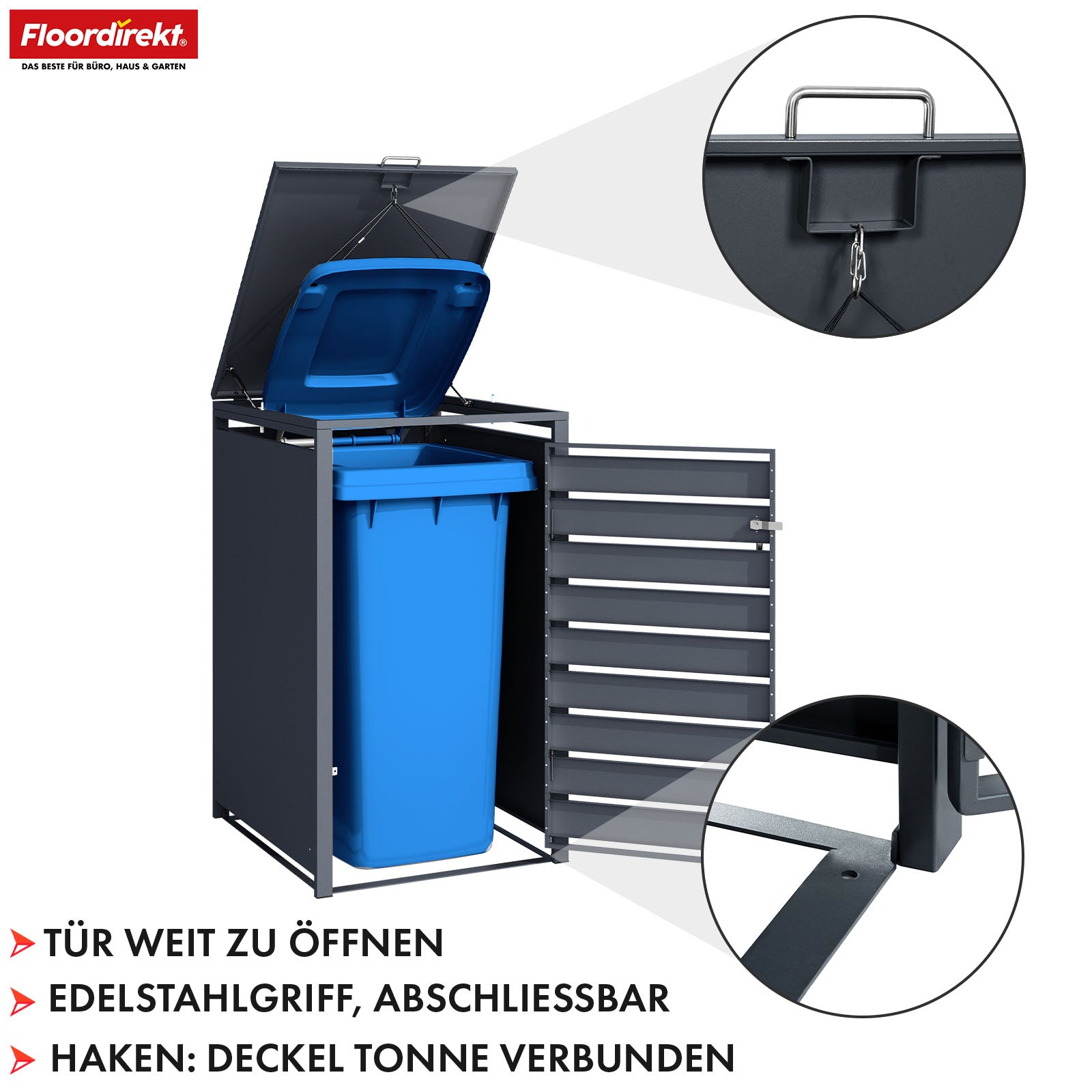 Mülltonnenbox | Johan | Anthrazitfarbene Mülltonnenverkleidung mit Holzdekor und robustem Edelstahlrahmen | 1–3 Türen | Mülltonnenaufbewahrung für 60–240 L