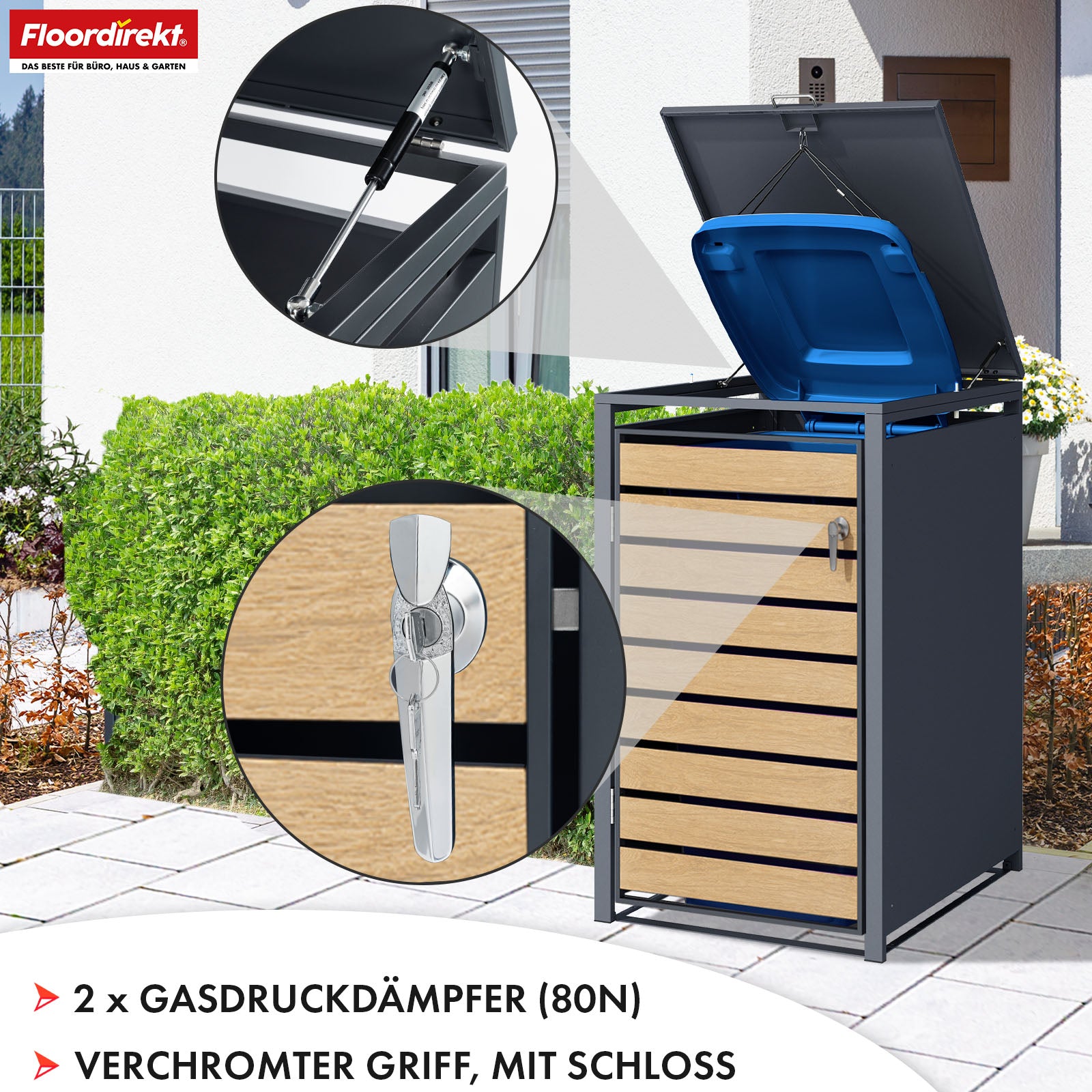 Mülltonnenbox | Johan | Anthrazitfarbene Mülltonnenverkleidung mit Holzdekor und robustem Edelstahlrahmen | 1–3 Türen | Mülltonnenaufbewahrung für 60–240 L