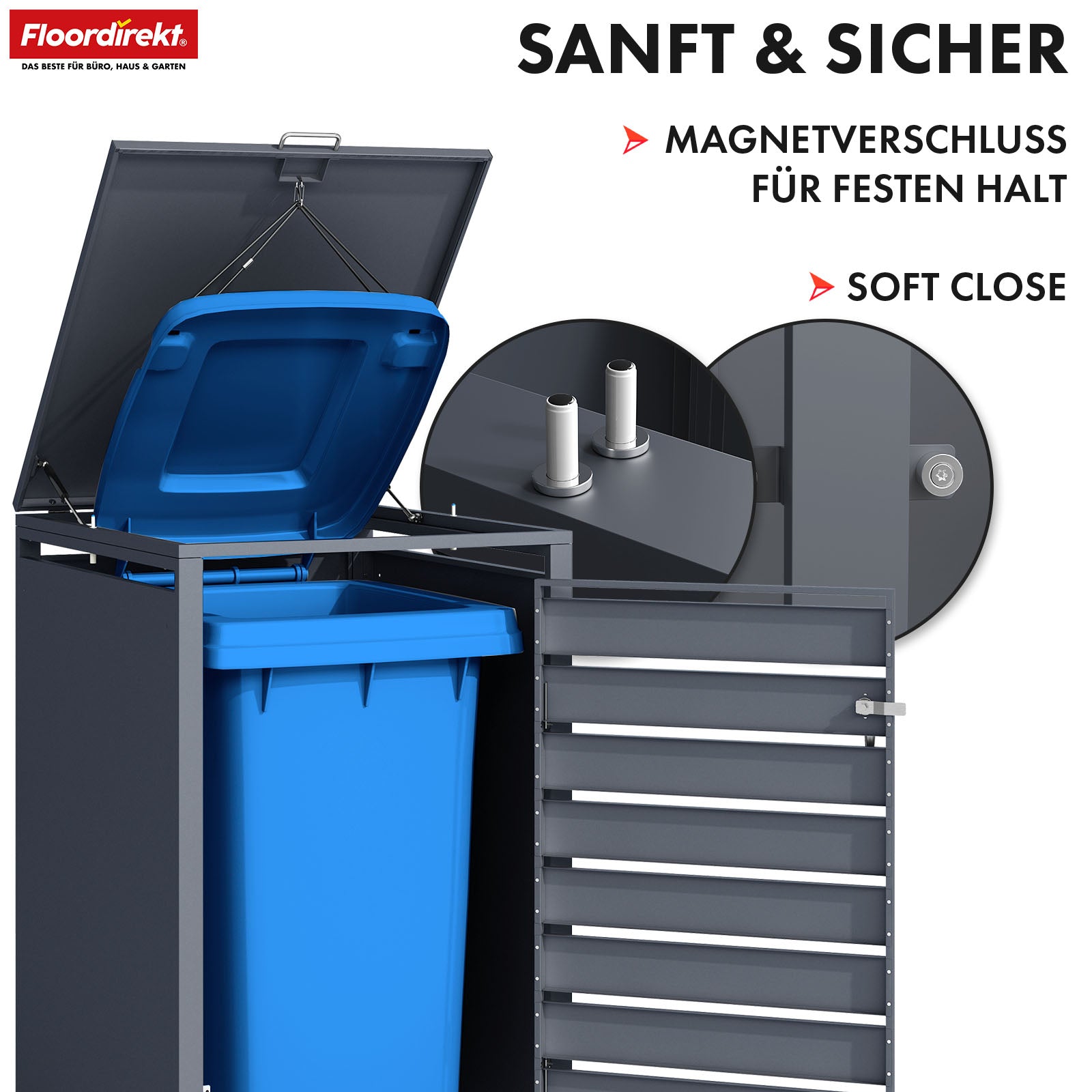 Mülltonnenbox | Johan | Anthrazitfarbene Mülltonnenverkleidung mit Holzdekor und robustem Edelstahlrahmen | 1–3 Türen | Mülltonnenaufbewahrung für 60–240 L