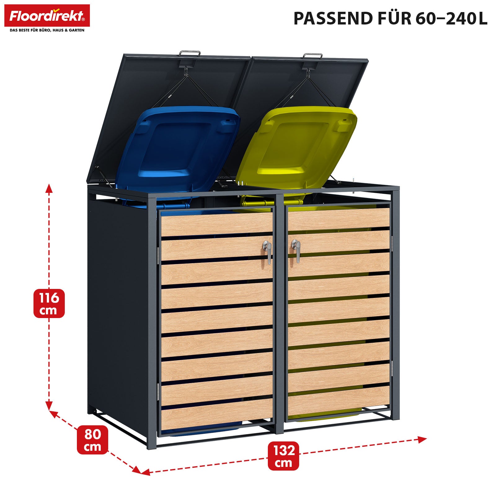 Mülltonnenbox | Johan | Anthrazitfarbene Mülltonnenverkleidung mit Holzdekor und robustem Edelstahlrahmen | 1–3 Türen | Mülltonnenaufbewahrung für 60–240 L