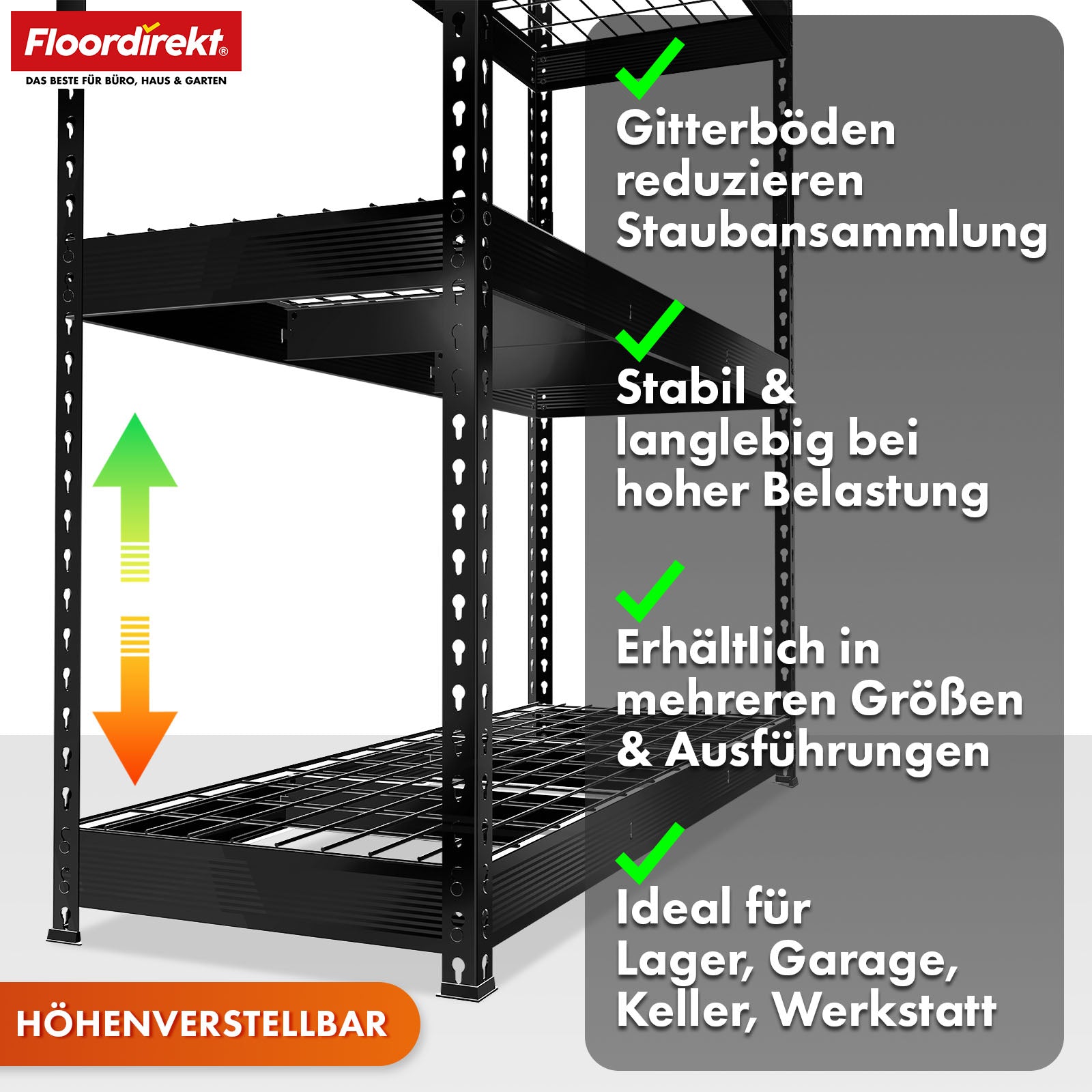 Heavy-duty reoler | Yukon Rivet | Stålreoler med nethylder | 250-350 kg belastningskapacitet pr. hylde | Forskellige størrelser og farver