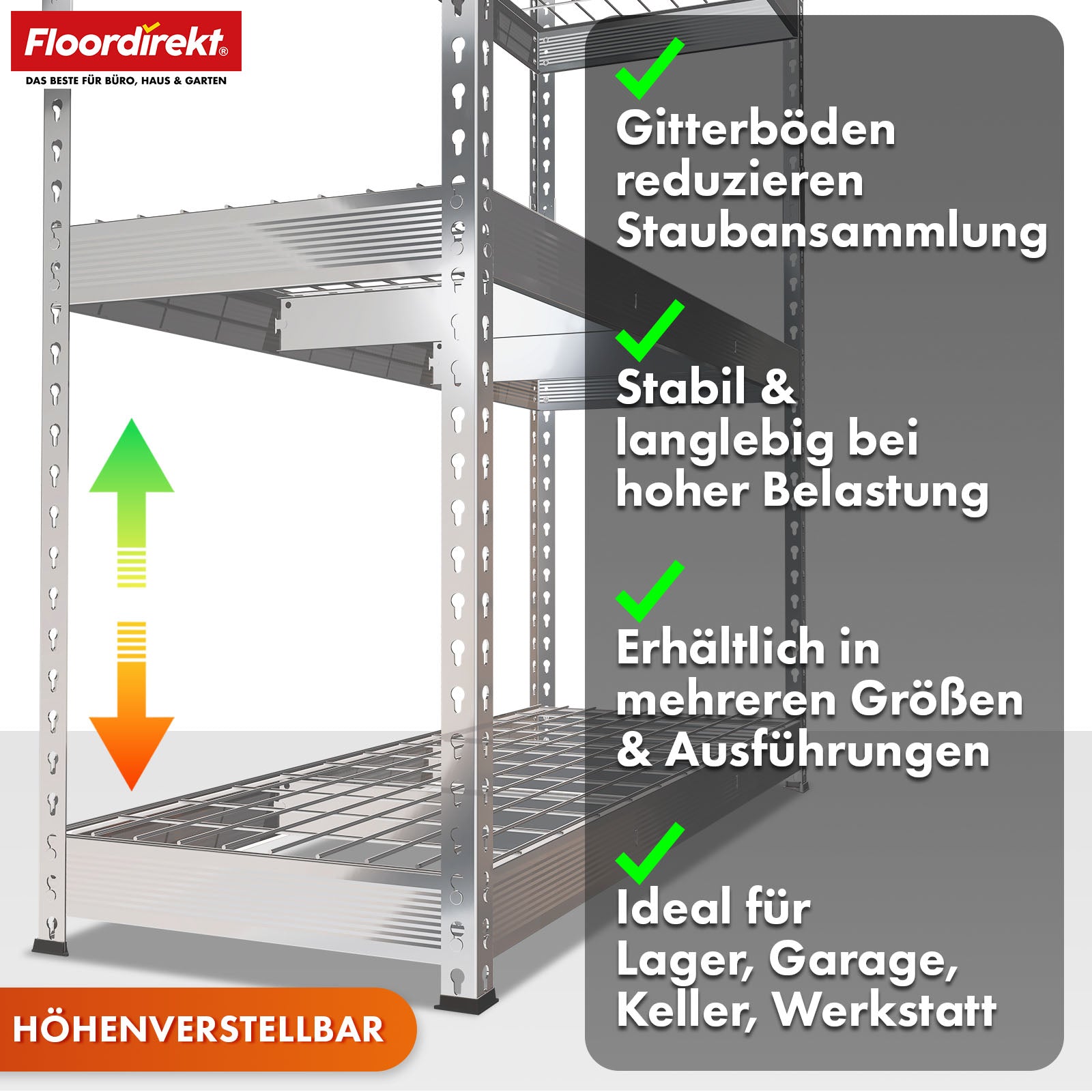 Heavy-duty reoler | Yukon Rivet | Stålreoler med nethylder | 250-350 kg belastningskapacitet pr. hylde | Forskellige størrelser og farver