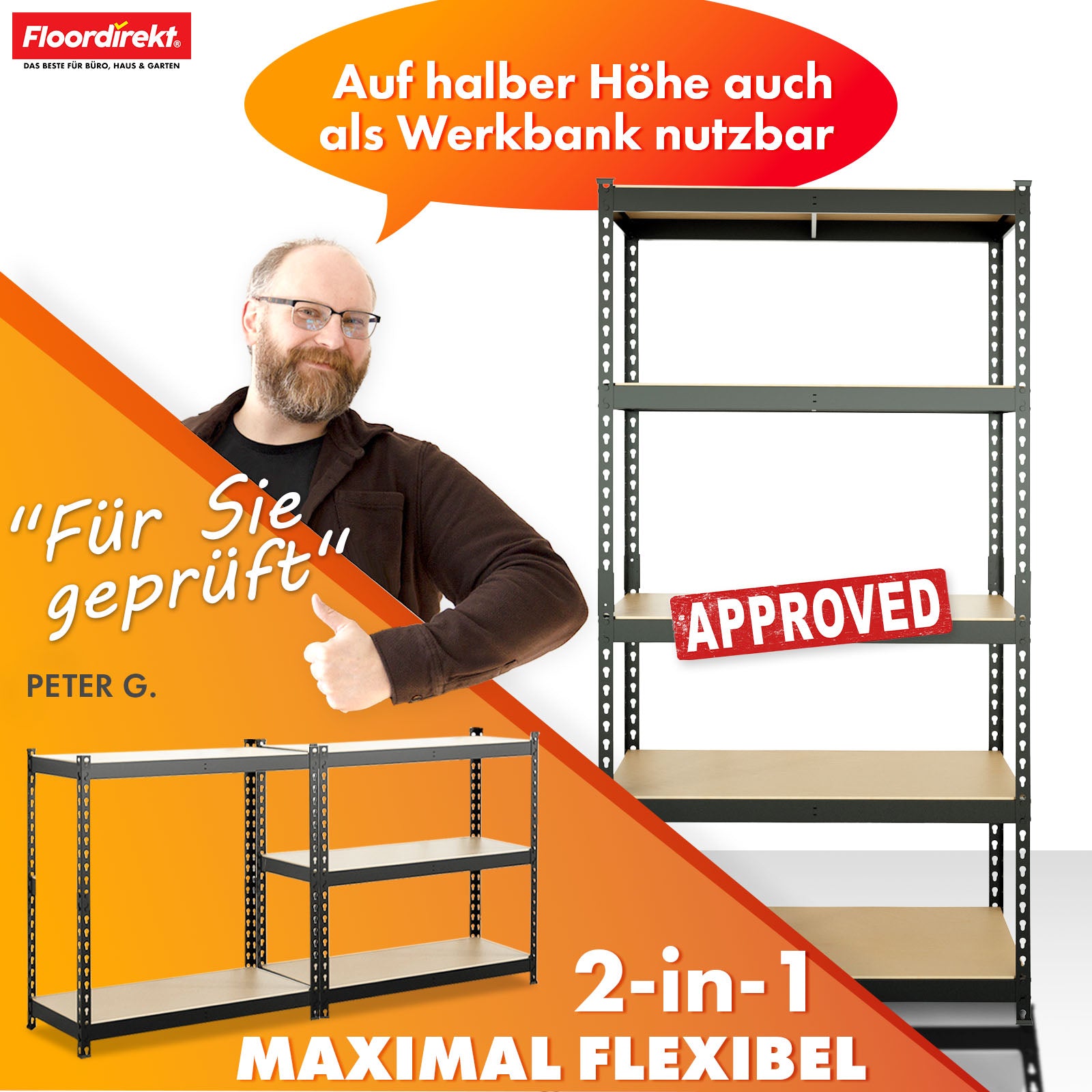 Heavy-duty reol | Rhino | Opbevaringsreol med 5 hylder | 1050 kg belastningskapacitet | Innovativt plug-in system | I forskellige farver og størrelser
