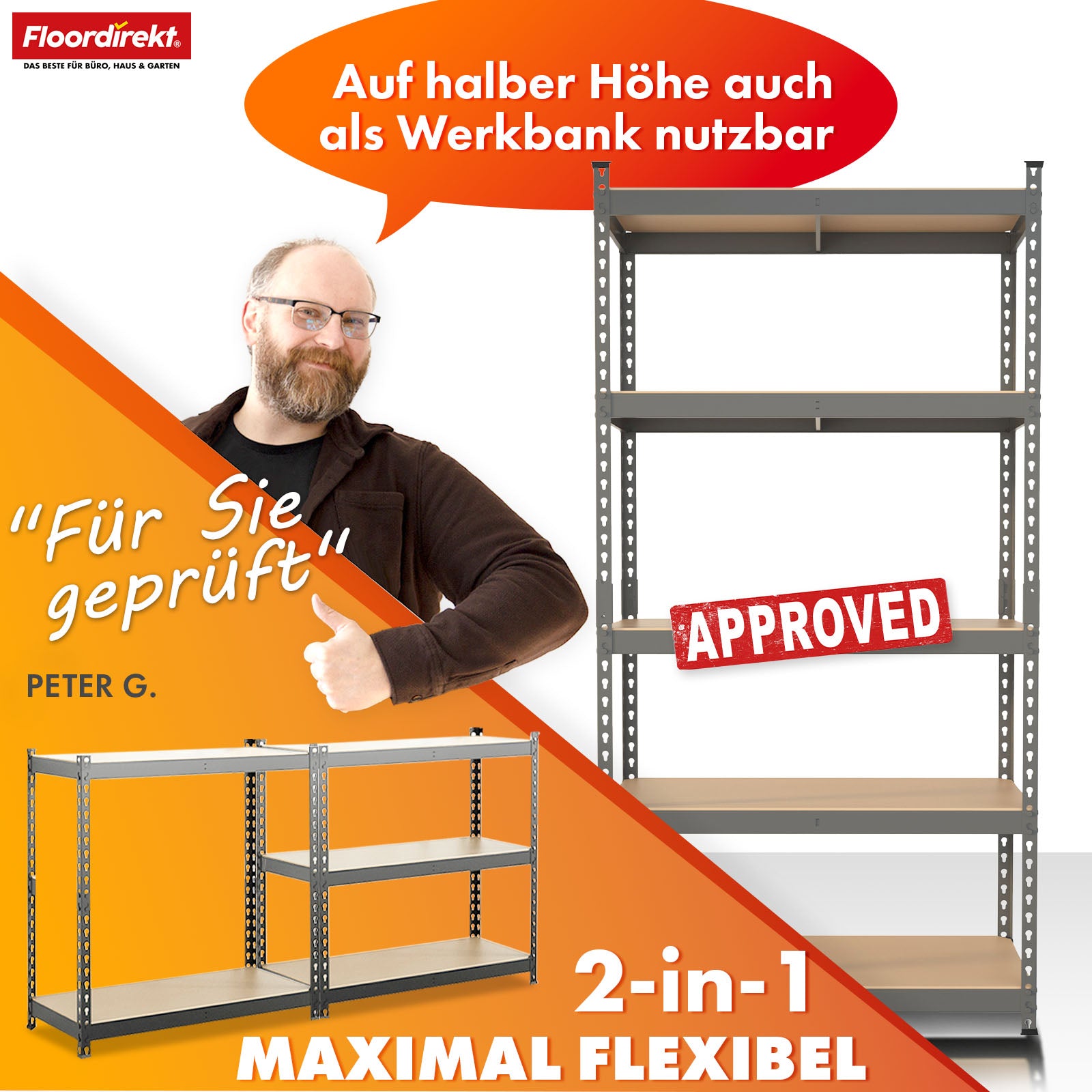 Heavy-duty reol | Rhino | Opbevaringsreol med 5 hylder | 1050 kg belastningskapacitet | Innovativt plug-in system | I forskellige farver og størrelser