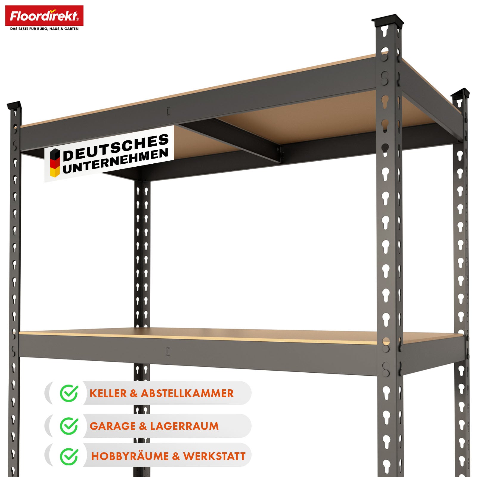 Heavy-duty reol | Rhino | Opbevaringsreol med 5 hylder | 1050 kg belastningskapacitet | Innovativt plug-in system | I forskellige farver og størrelser