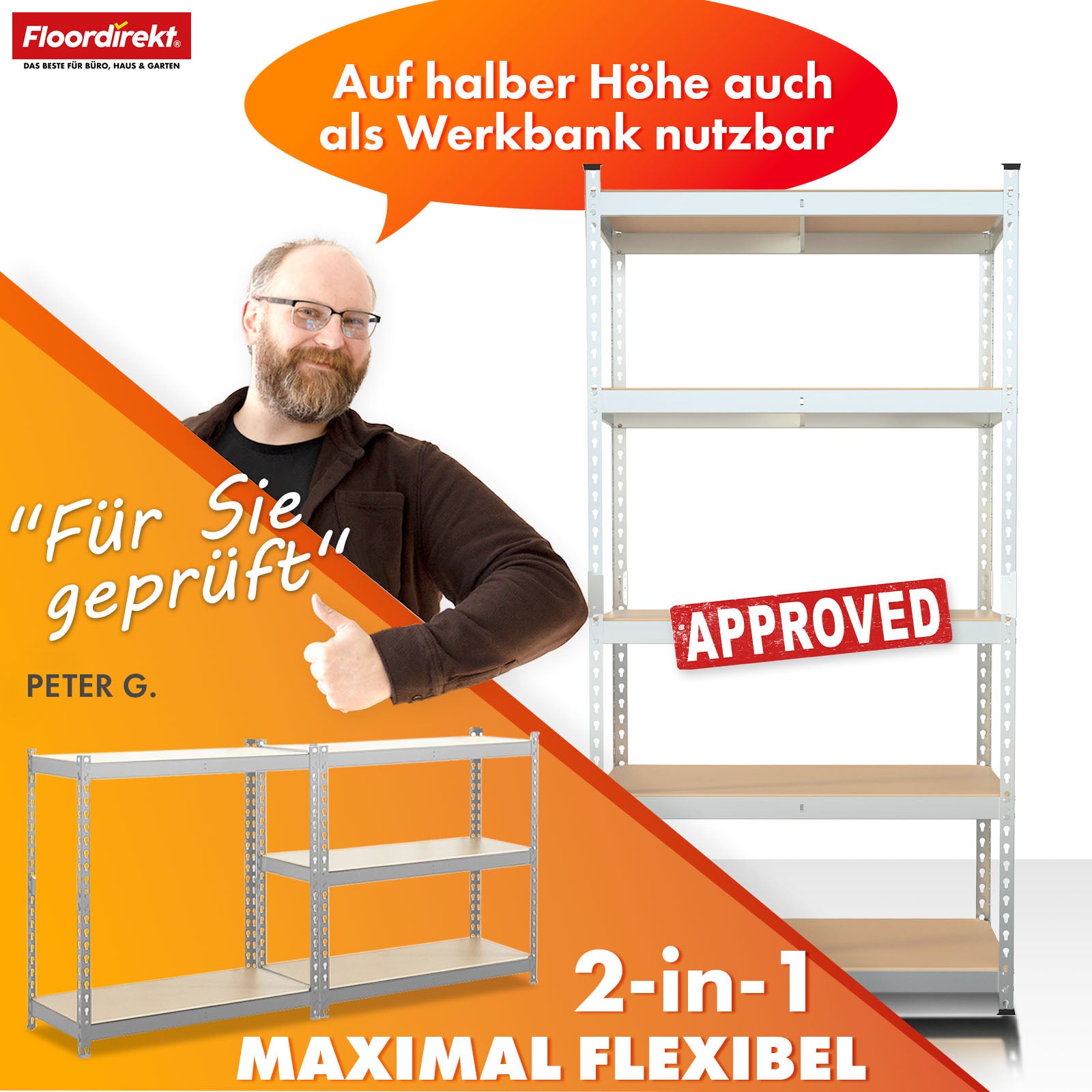 Heavy-duty reol | Rhino | Opbevaringsreol med 5 hylder | 1050 kg belastningskapacitet | Innovativt plug-in system | I forskellige farver og størrelser