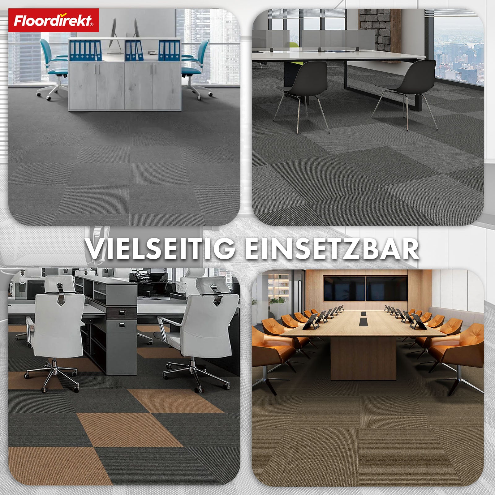Tæppefliser | Bern | 50 x 50 cm | Selvlæggende med stribet design | I antracit, grå & beige til erhverv og private hjem