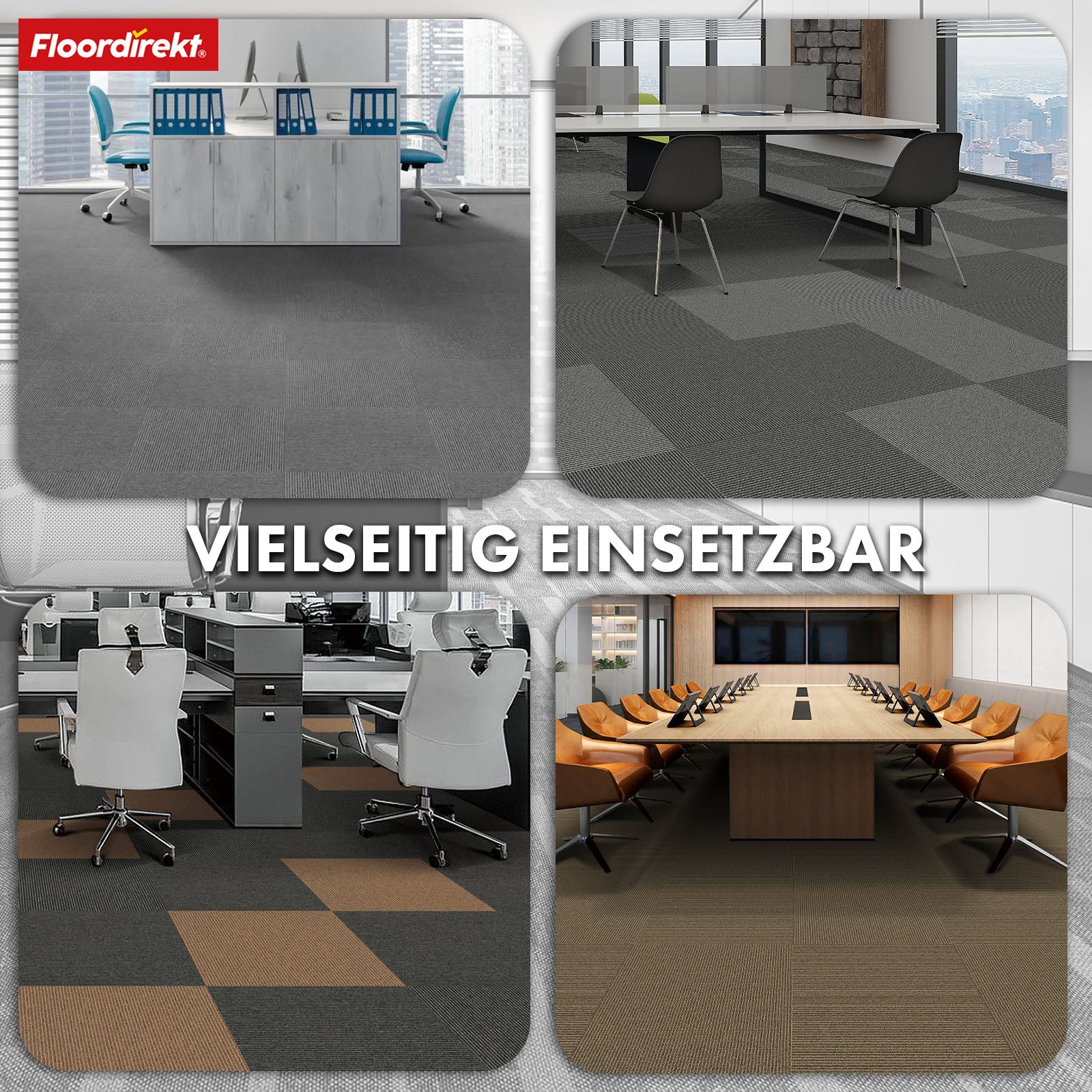 Tæppefliser | Bern | 50 x 50 cm | Selvlæggende med stribet design | I antracit, grå & beige til erhverv og private hjem