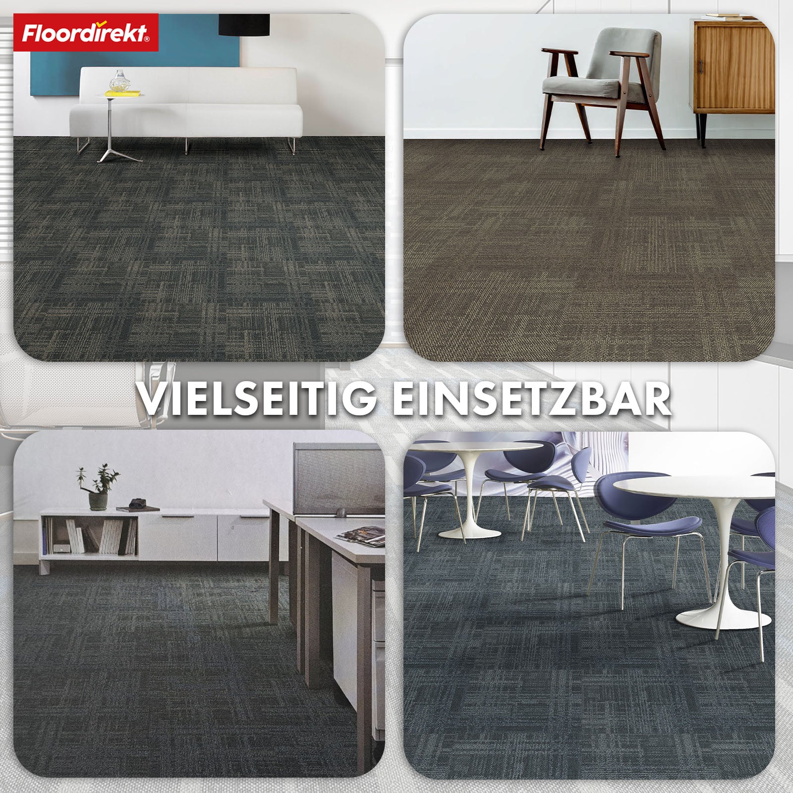 Tæppefliser | Luzern | 50x50 cm | Komfortable, lydabsorberende og velegnede til gulvvarme | Fås i 4 farver