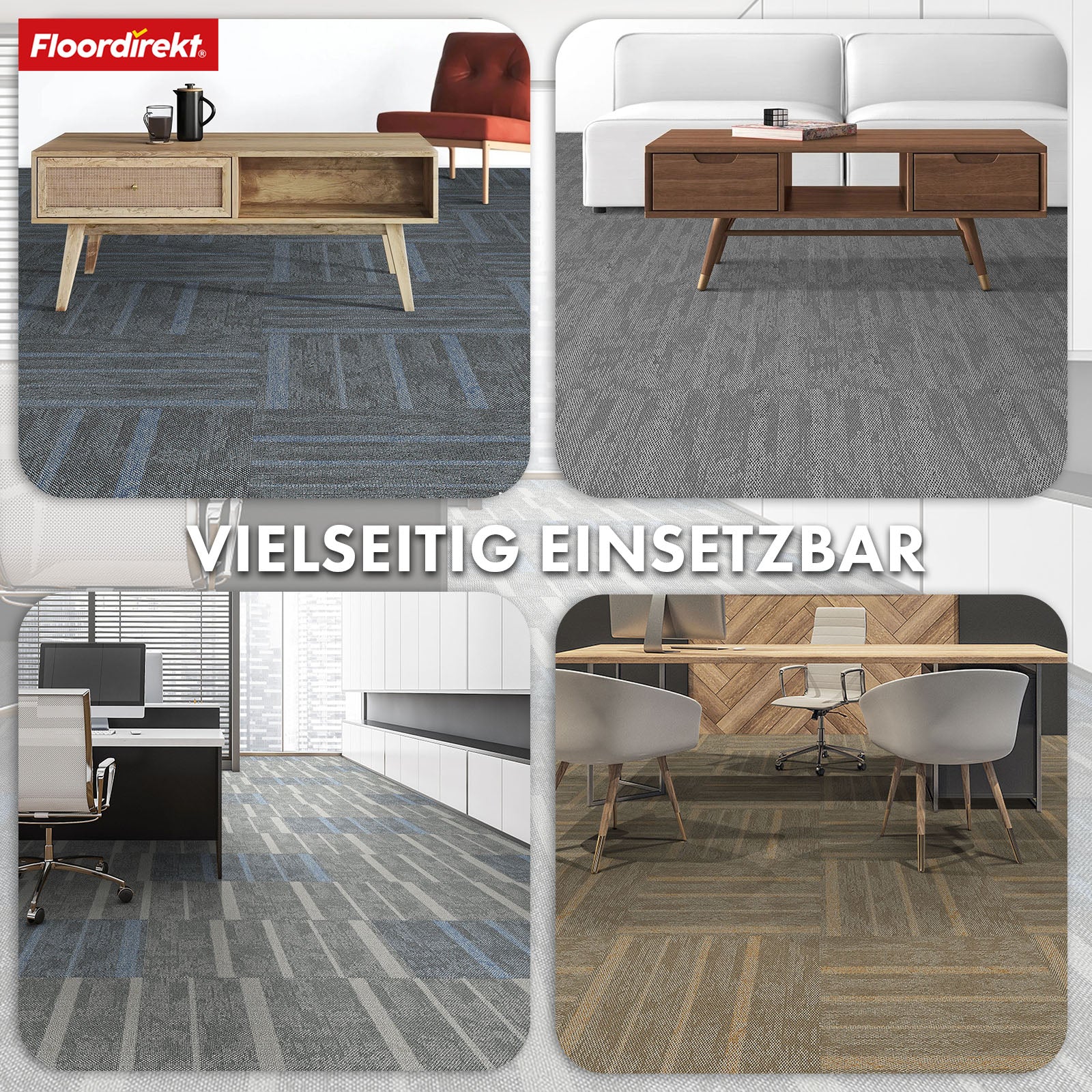 Tæppefliser | Zürich | 50 x 50 cm | Ideel til kontorer og stuer | Designfliser i høj kvalitet i 4 farver