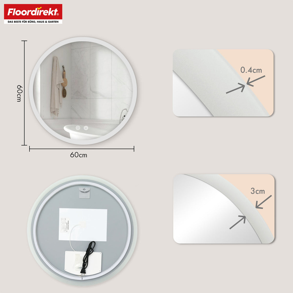 Badeværelsespejl med LED-belysning | Liora | Touch-betjening med antidug og 3 valgbare lysfarver | Fås i forskellige størrelser