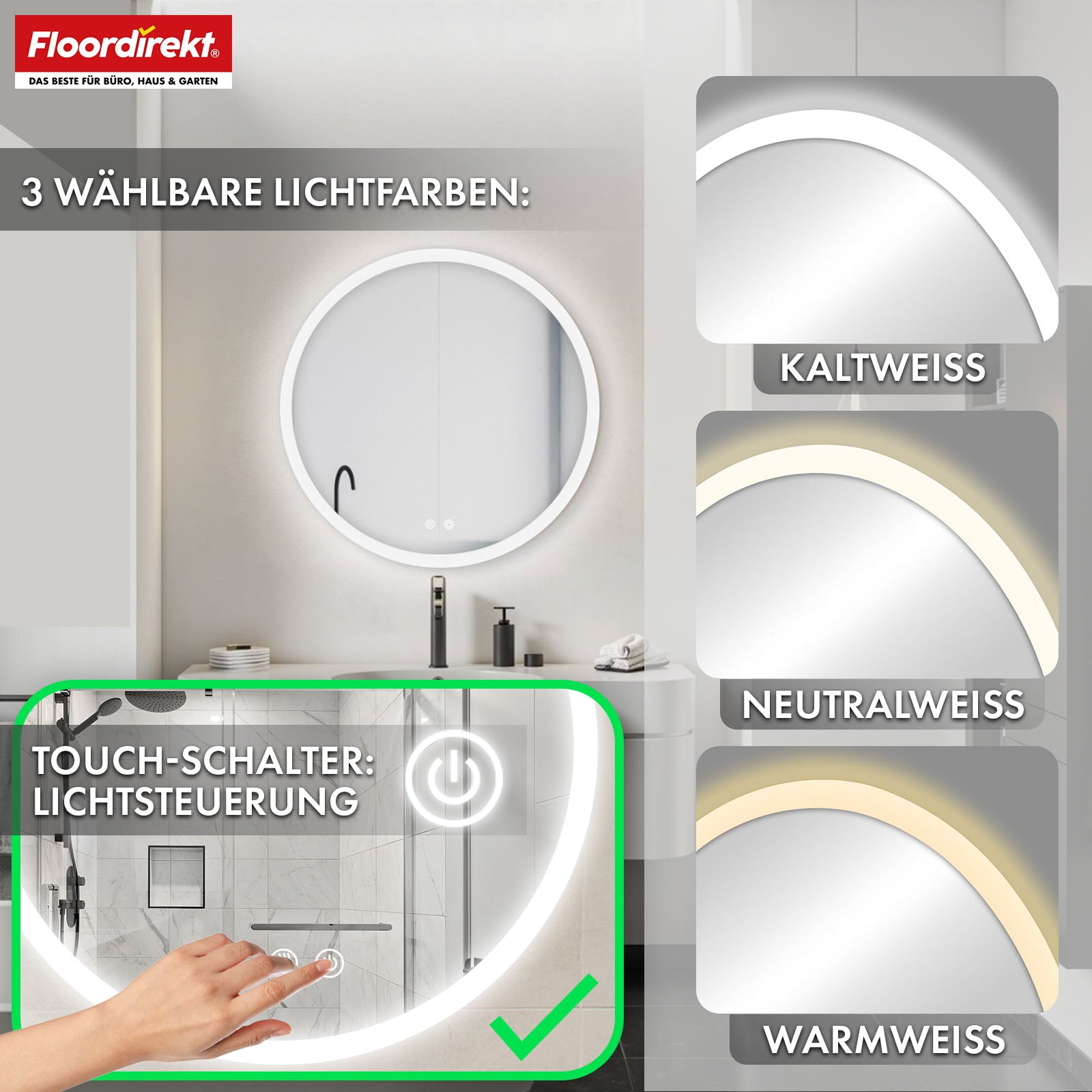 Badeværelsespejl med LED-belysning | Liora | Touch-betjening med antidug og 3 valgbare lysfarver | Fås i forskellige størrelser