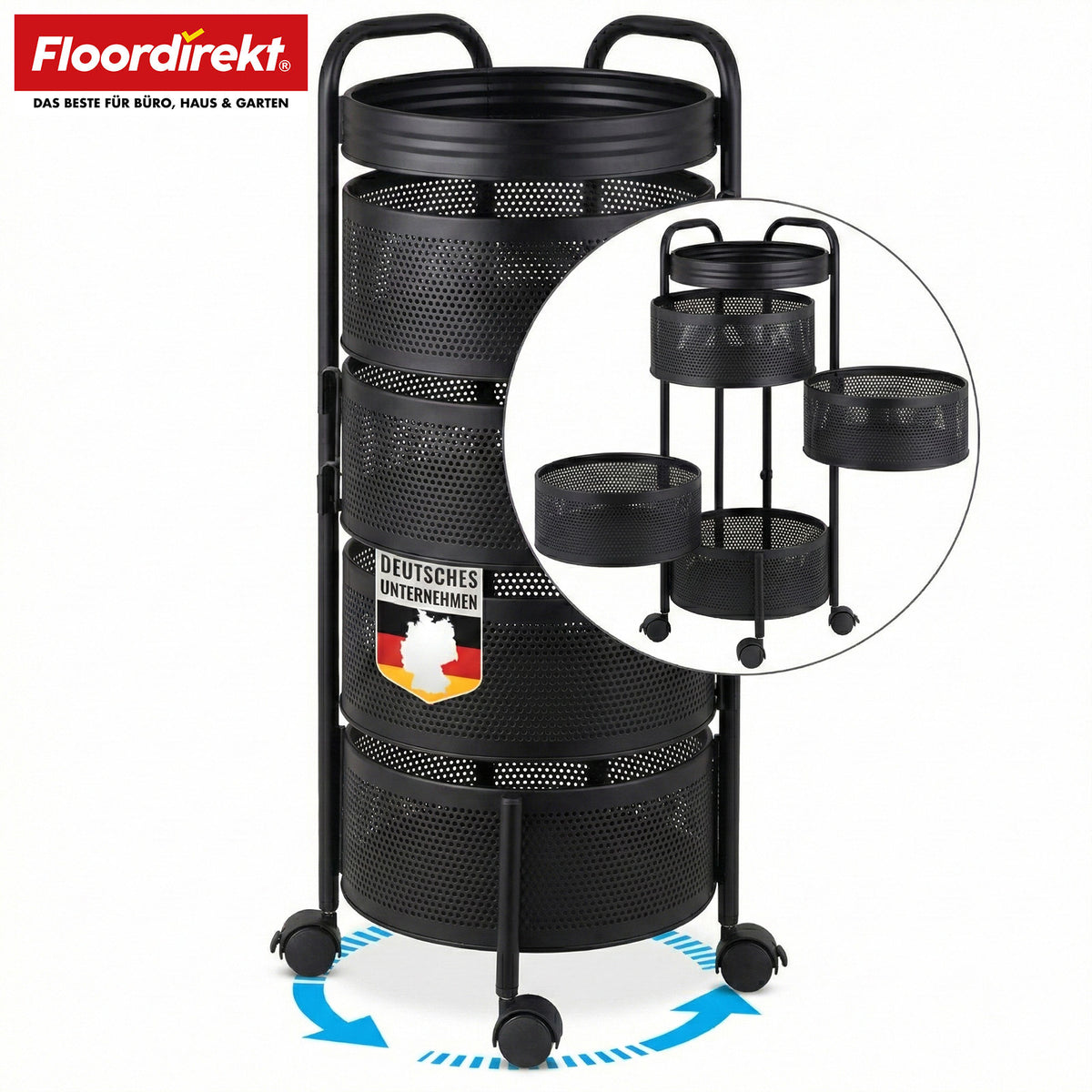 Rullevogn | Henry | Køkkenvogn i stål med hjul | Serveringsvogn | 3 eller 5 etager | Hvid & sort