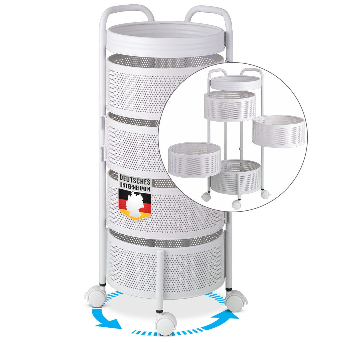 Rullebord | Henry | Hvid stålreol til køkken og badeværelse | 5 hylder med udtrækkelige kurve