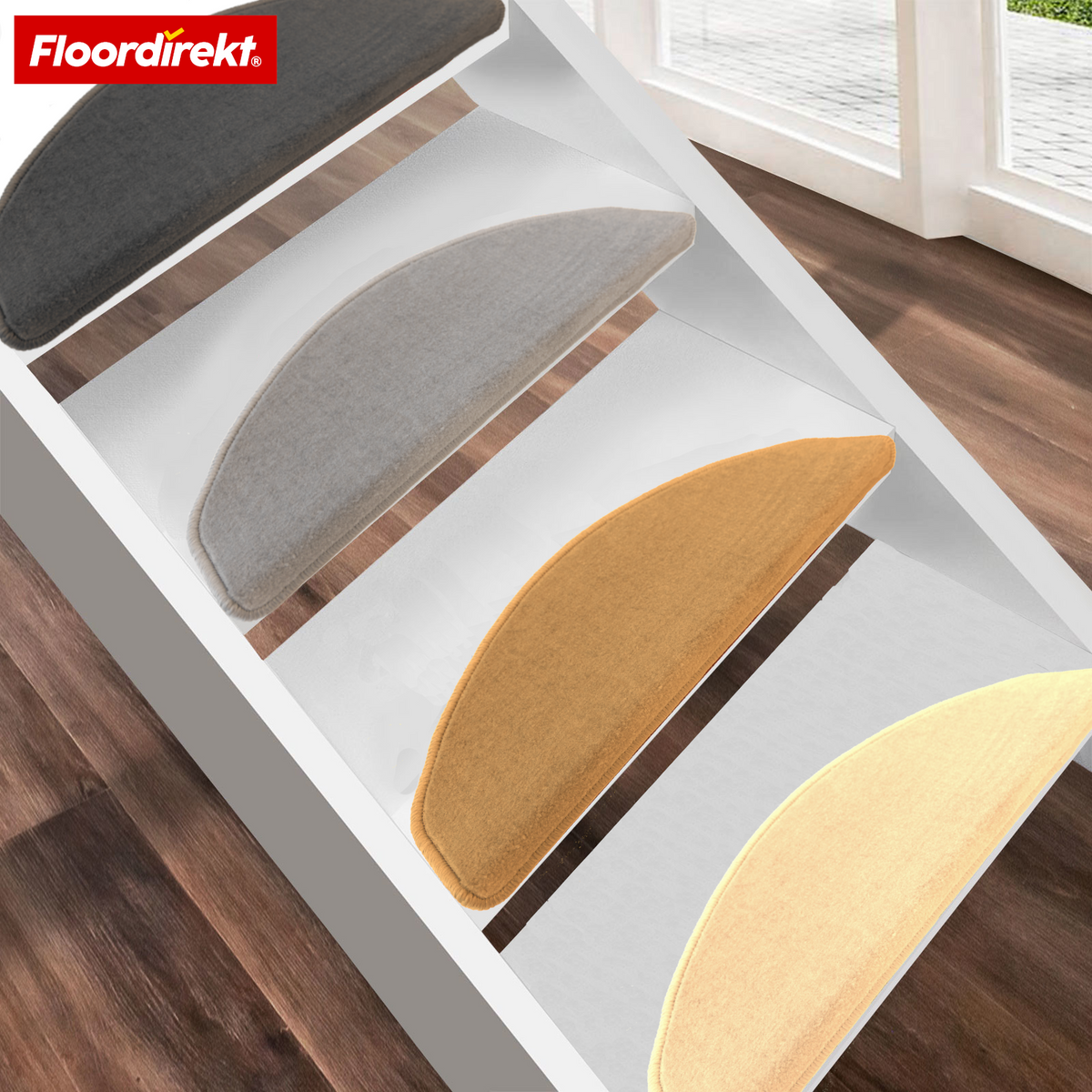 Velour-trappemåtte | Wien | Halvrund, skridsikker trappemåtte i robust polypropylen | Trappebeskyttelse, lyddæmpende & antistatisk | Fås i 4 moderne farver