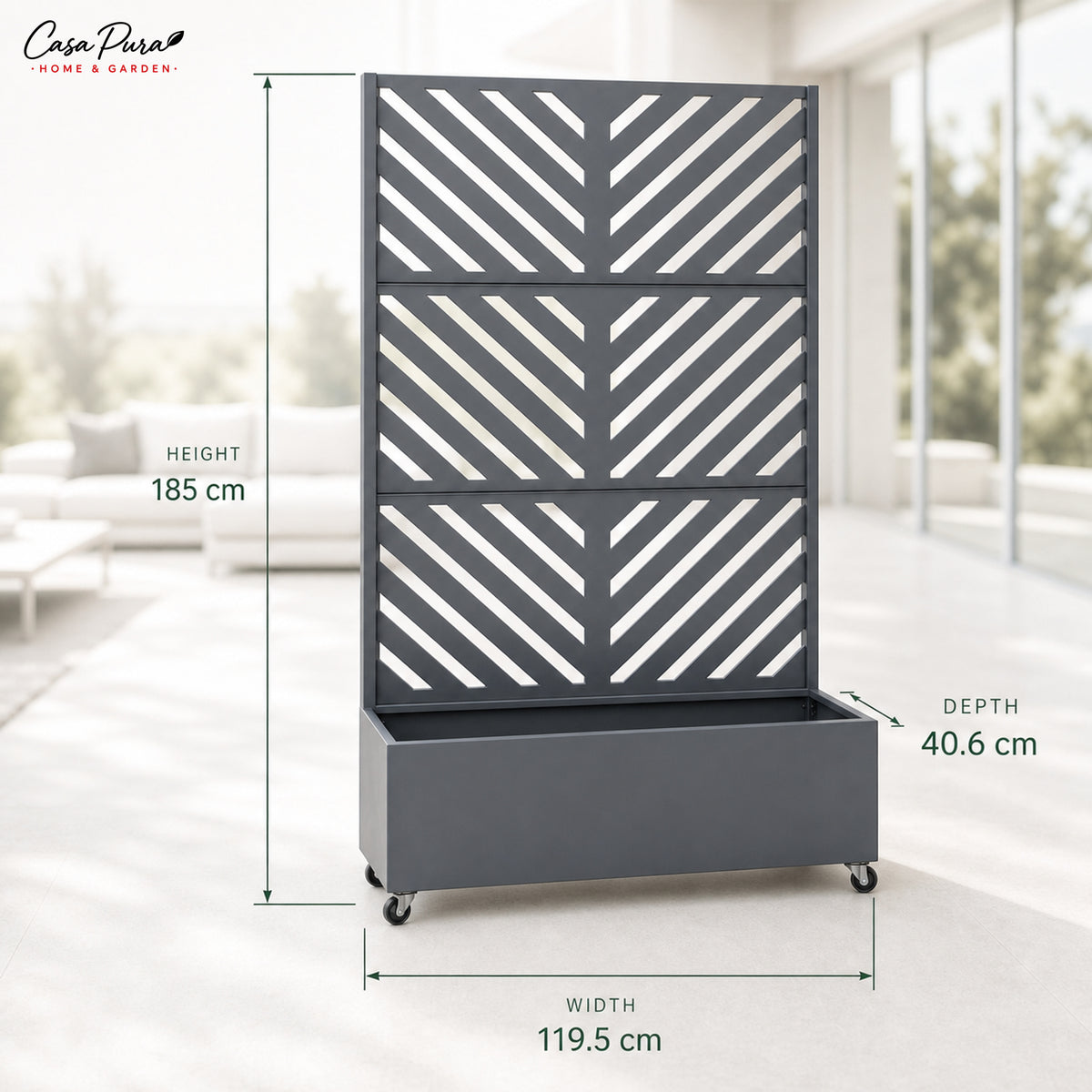 Plantekasse med espalier | Floris | Mobil afskærmning i galvaniseret stål | 119,5 × 40,6 × 185,5 cm