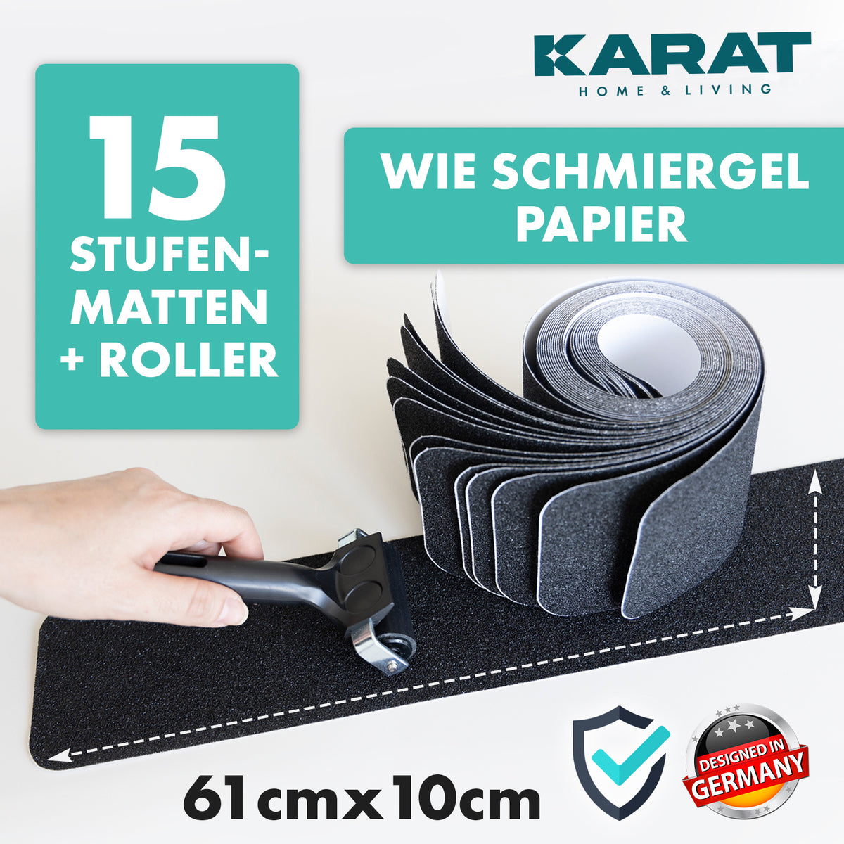 Antirutsch-Streifen für Treppen | Nicu | Raue Oberfläche | Selbstklebend | 15er Set inklusive Montageroller | Schwarz | 10 x 61 cm