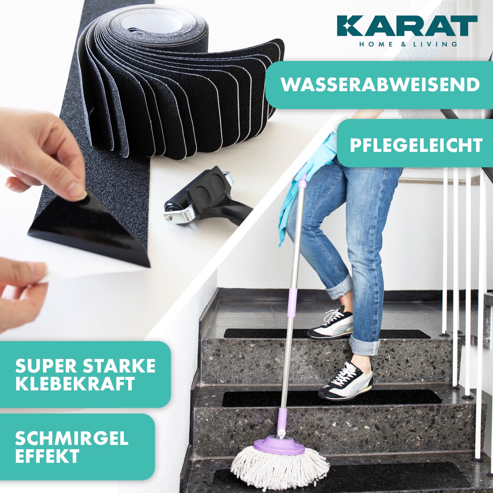 Antirutsch-Streifen für Treppen | Nicu | Raue Oberfläche | Selbstklebend | 15er Set inklusive Montageroller | Schwarz | 10 x 61 cm