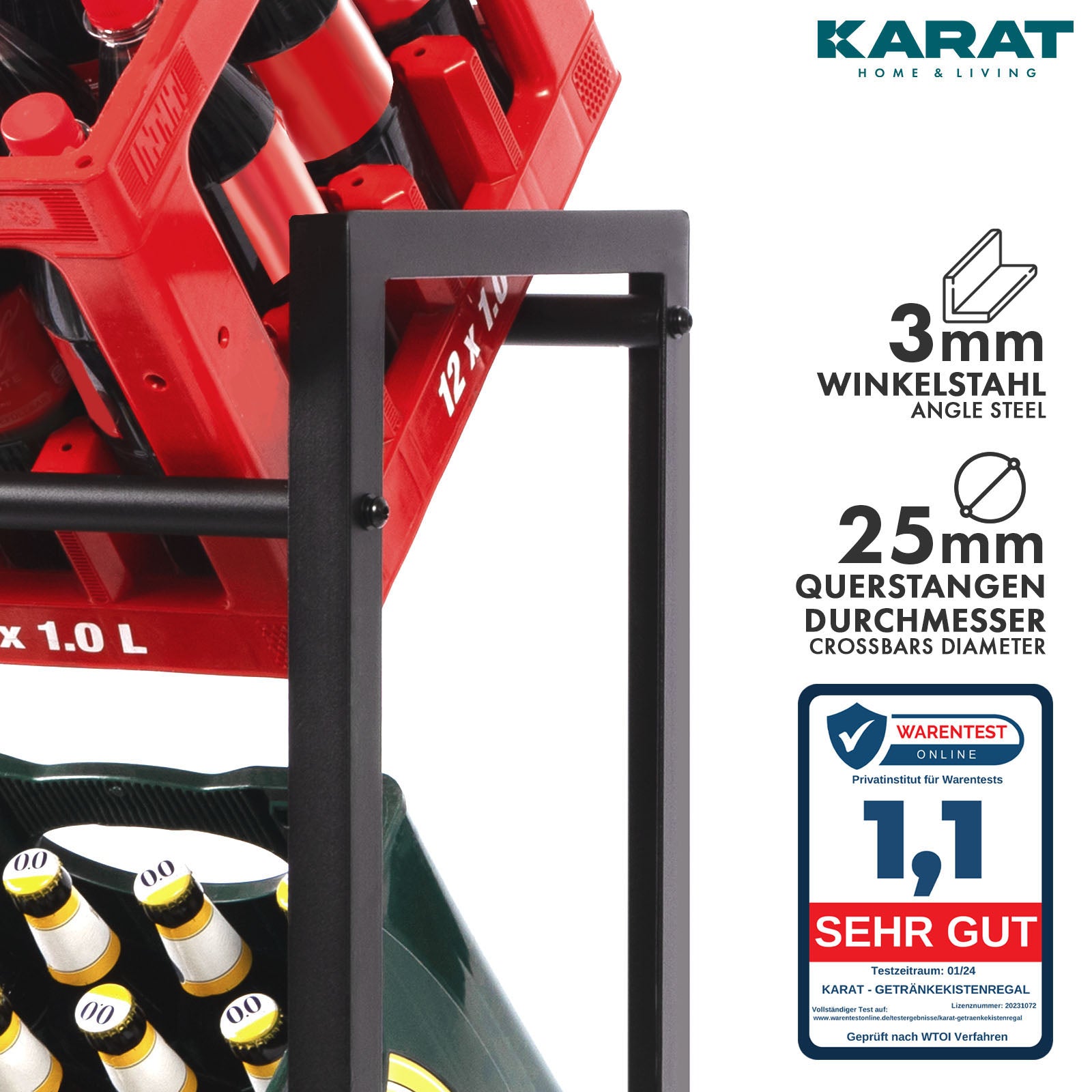 Bottle Crate Stand Kenji | Robust storage shelf for the office, kitchen, garage or entrance | Black | Available in 2 sizes