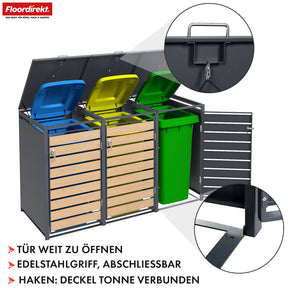 Mülltonnenbox | Johan | Anthrazitfarbene Mülltonnenverkleidung mit Holzdekor und robustem Edelstahlrahmen | 1–3 Türen | Mülltonnenaufbewahrung für 60–240 L