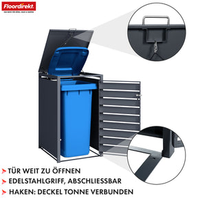 Mülltonnenbox | Johan | Anthrazitfarbene Mülltonnenverkleidung mit Holzdekor und robustem Edelstahlrahmen | 1–3 Türen | Mülltonnenaufbewahrung für 60–240 L